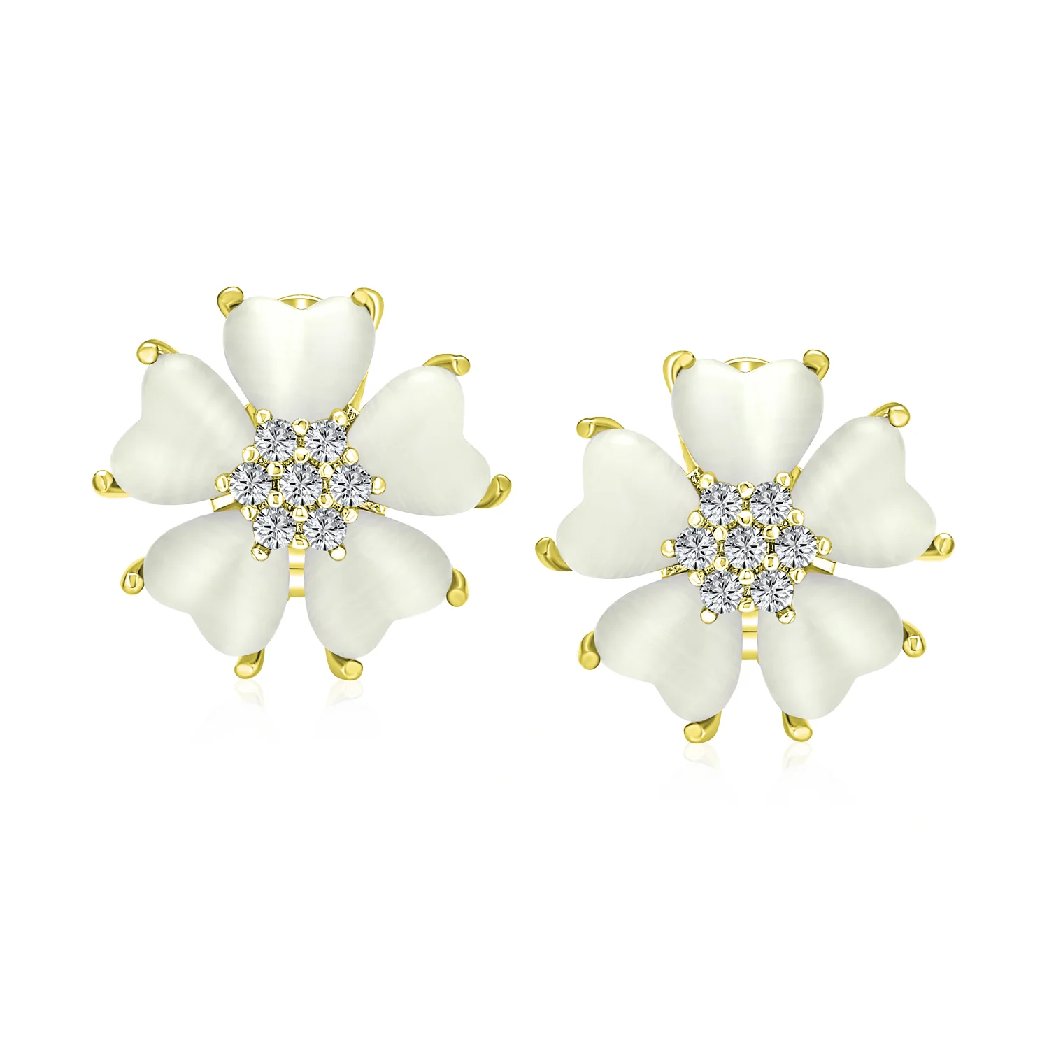 Romantic Cat Eye Heart-Shaped Petals Flower Stud Earrings with Omega Clip Earrings Gold For Pierced Ear - Image 3