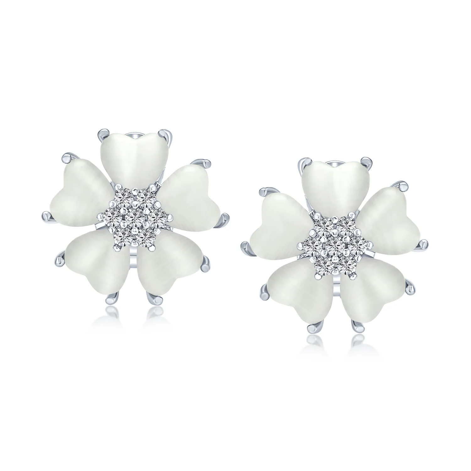Romantic Cat Eye Heart-Shaped Petals Flower Stud Earrings with Omega Clip Earrings Gold For Pierced Ear - Image 4