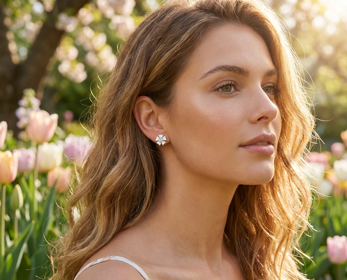 Romantic Cat Eye Heart-Shaped Petals Flower Stud Earrings with Omega Clip Earrings Gold For Pierced Ear - Image 5
