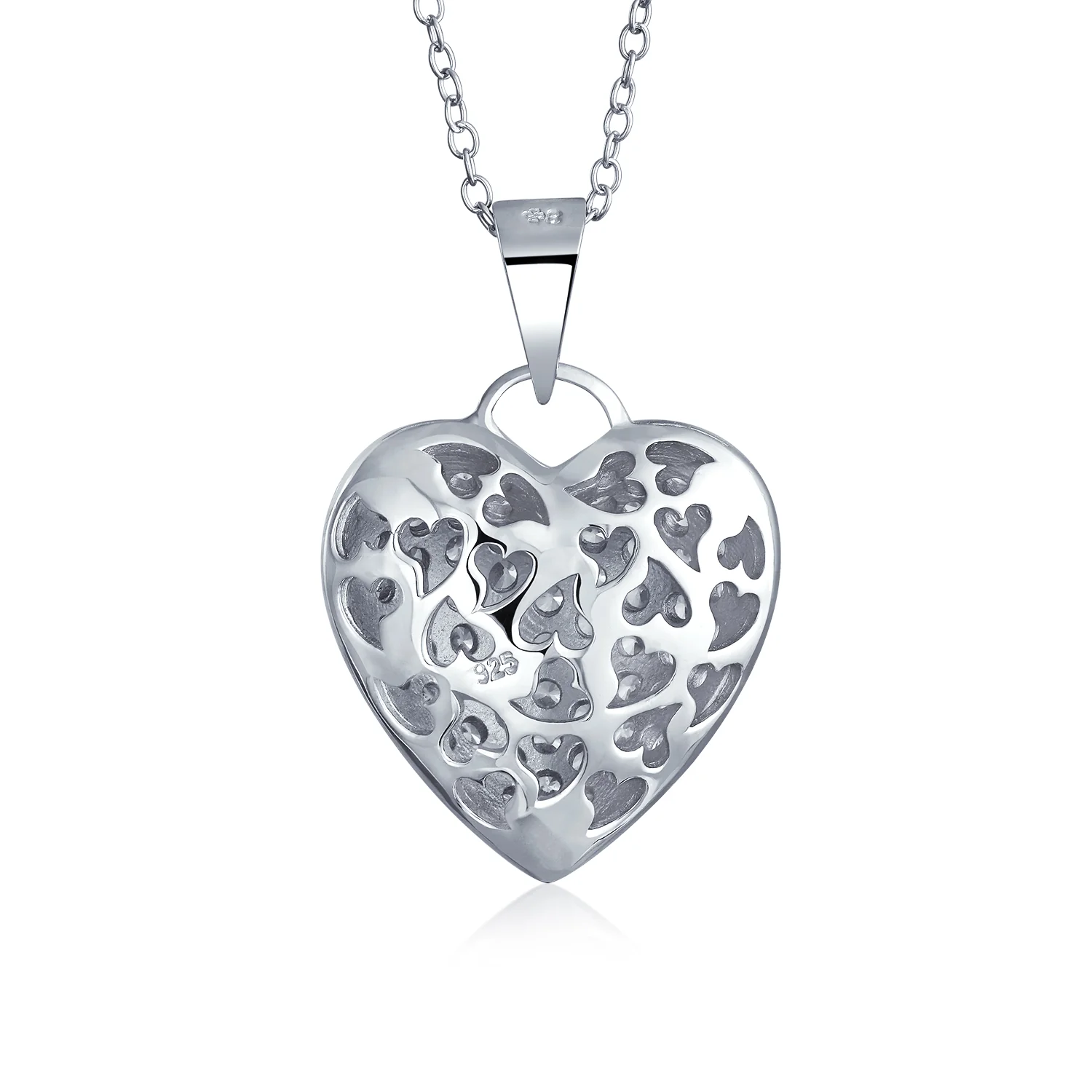 Large CZ Puff Heart Shape Pendant Necklace Silver Filigree - Image 2