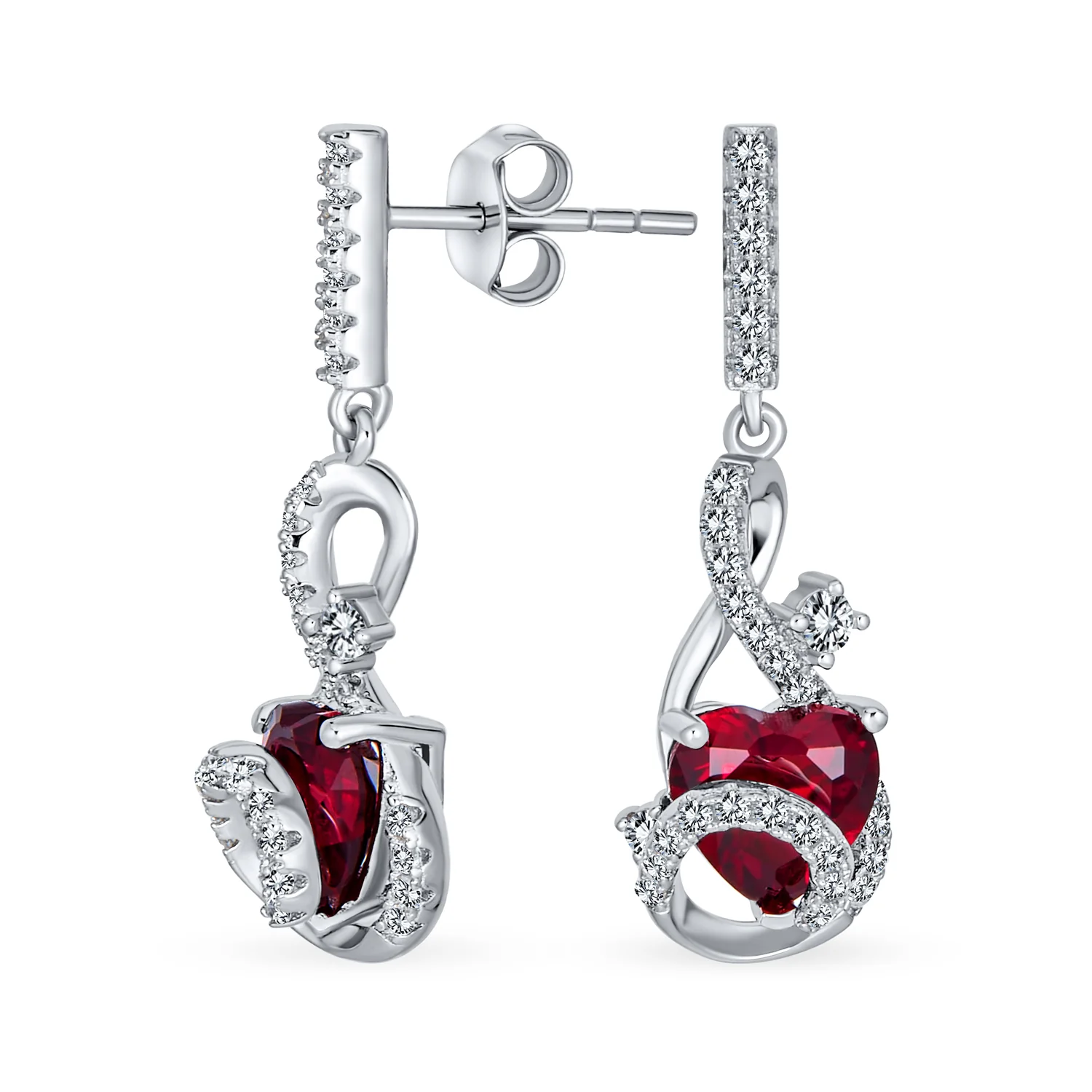 Romantic Love Pink Red Cubic Zirconia CZ Dangling Drop Heart Earrings Sterling Silver