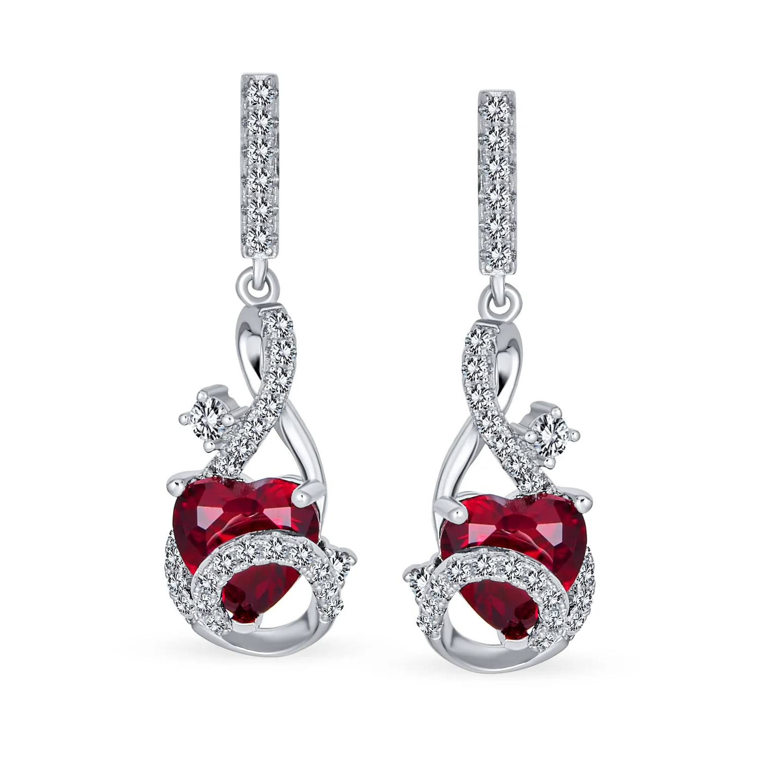 Romantic Love Pink Red Cubic Zirconia CZ Dangling Drop Heart Earrings Sterling Silver - Image 2