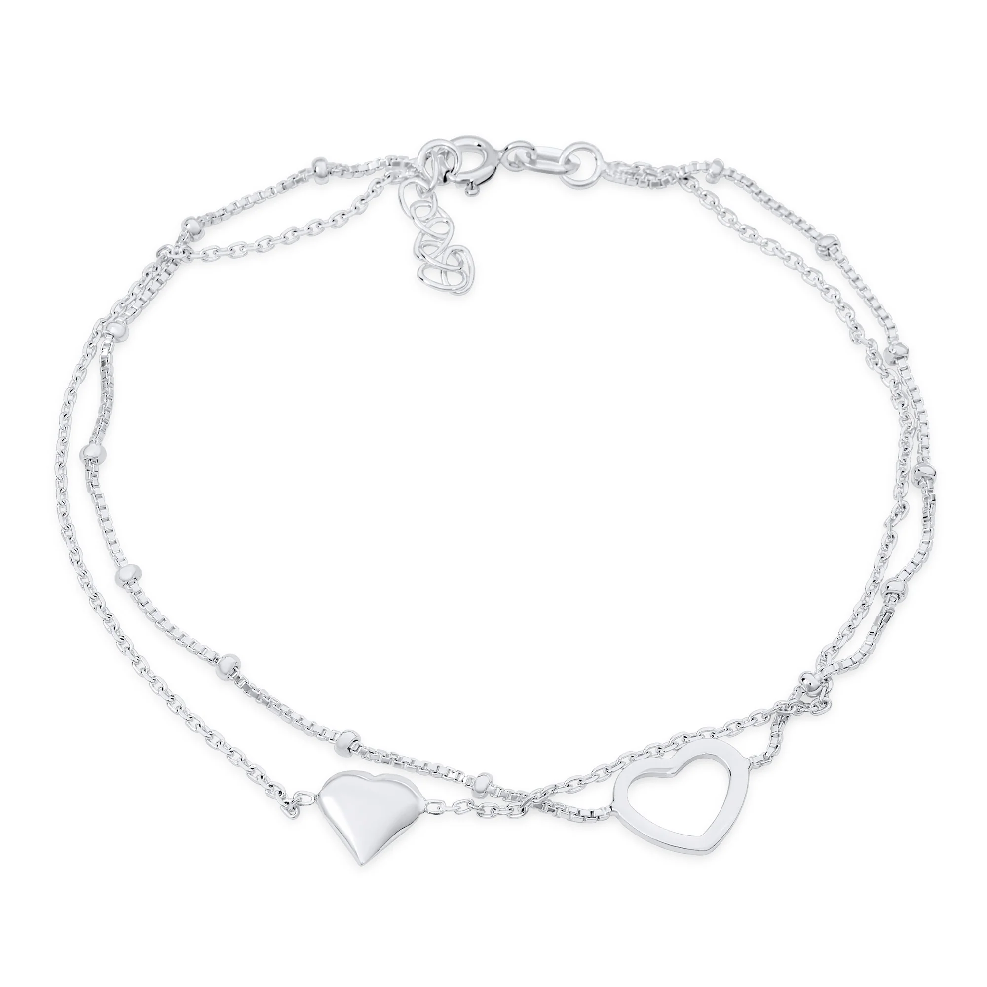 Forever Love Double Strand Two Love Hearts Anklet Ankle Bracelet .925 Sterling Silver Adjustable - Image 2