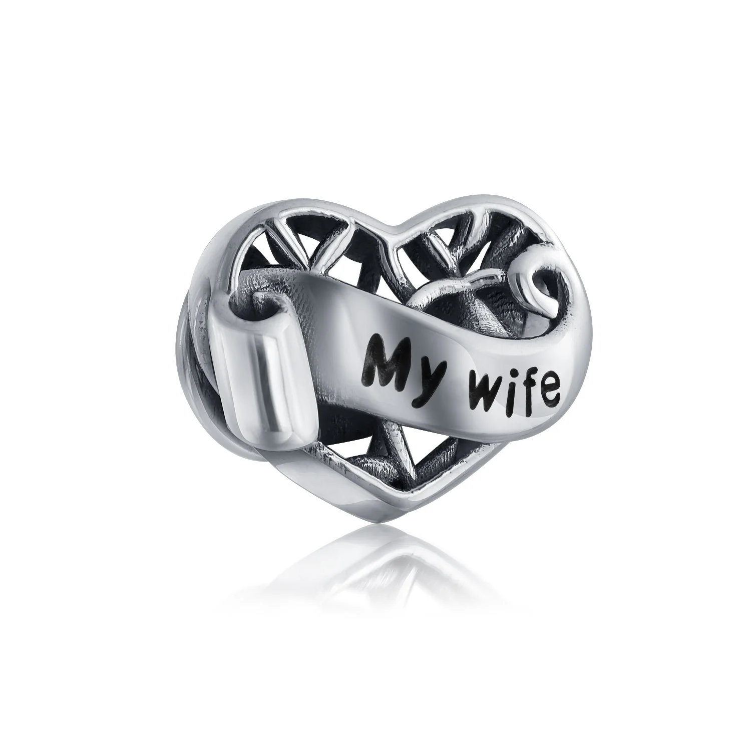 Romantic Filigree Heart Charm Bead for Wife or Daughter in Sterling Silver - Image 3