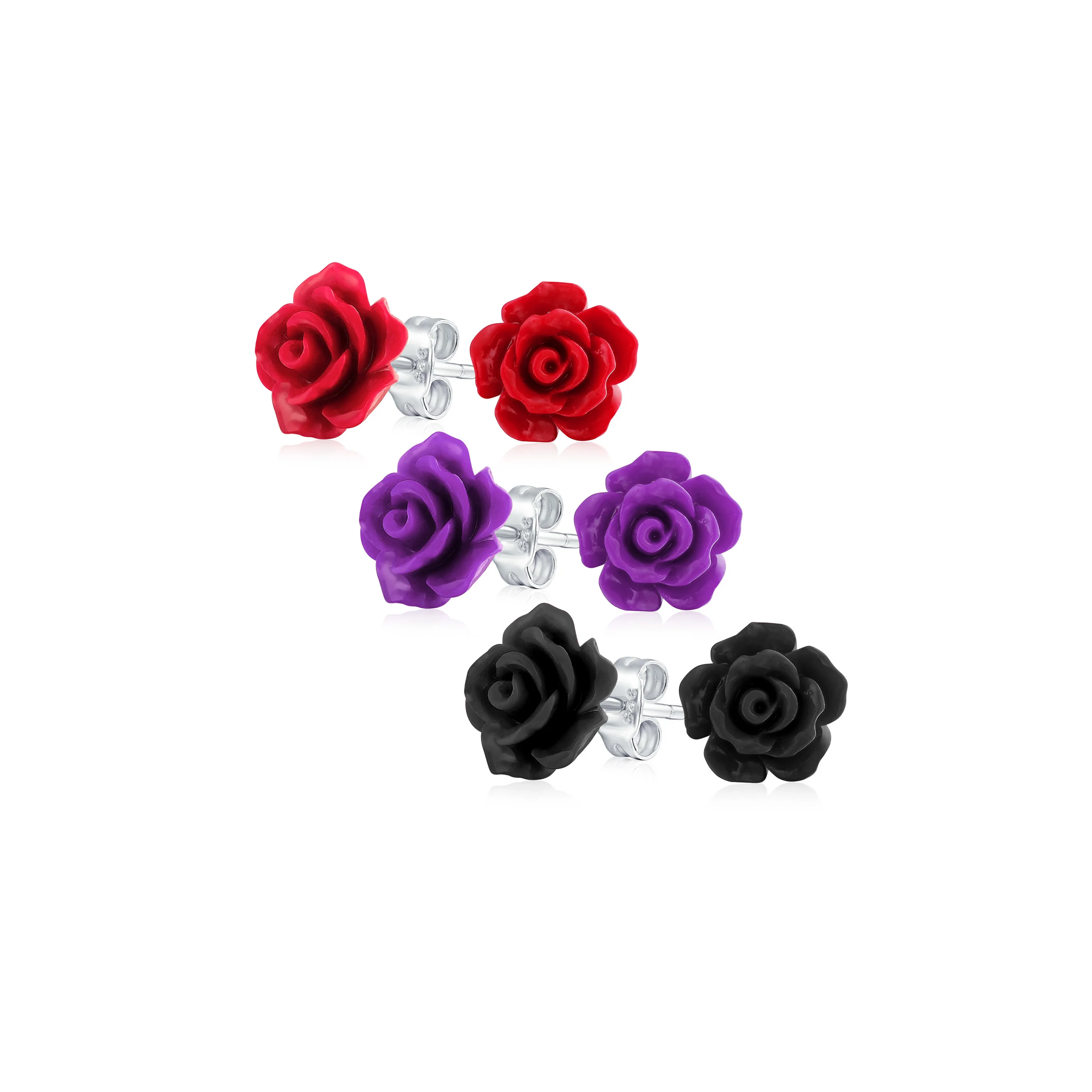 Romantic Set of 3 Floral 3D Carved Red, Purple, Black, Rose Flower Stud Earrings 10MM - Image 3