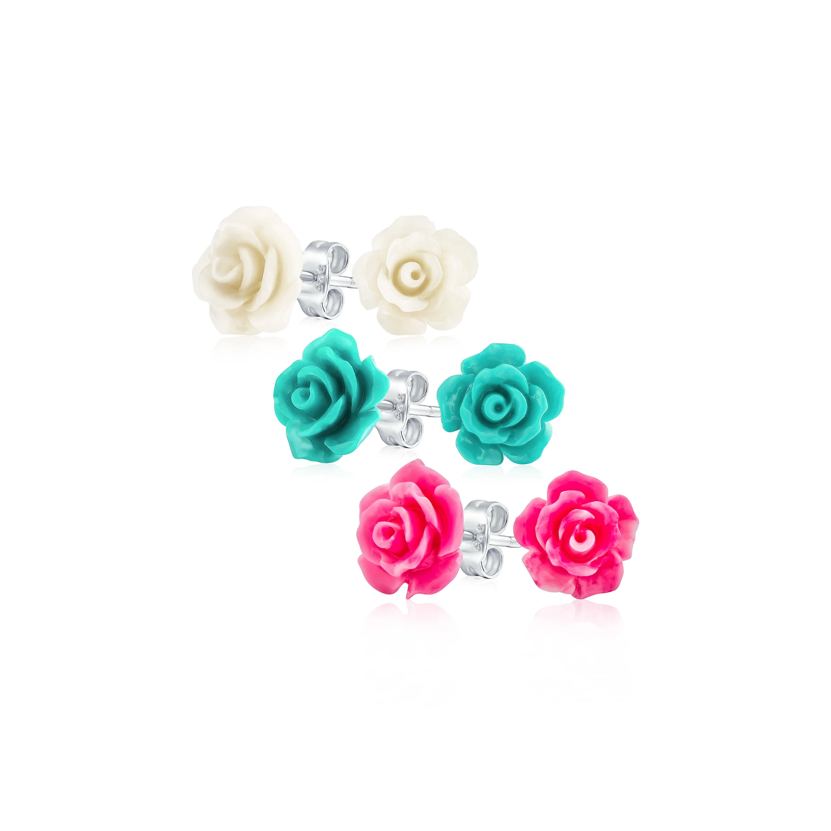 Romantic Set of 3 Floral 3D Carved Red, Purple, Black, Rose Flower Stud Earrings 10MM - Image 4