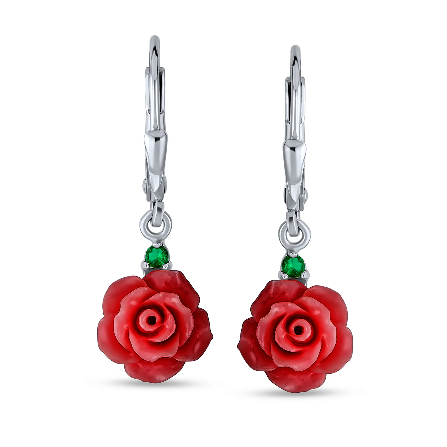 Romantic Craved Floral 3D Red Rose Flower Stud Earrings Sterling Silver Lever back - Image 3