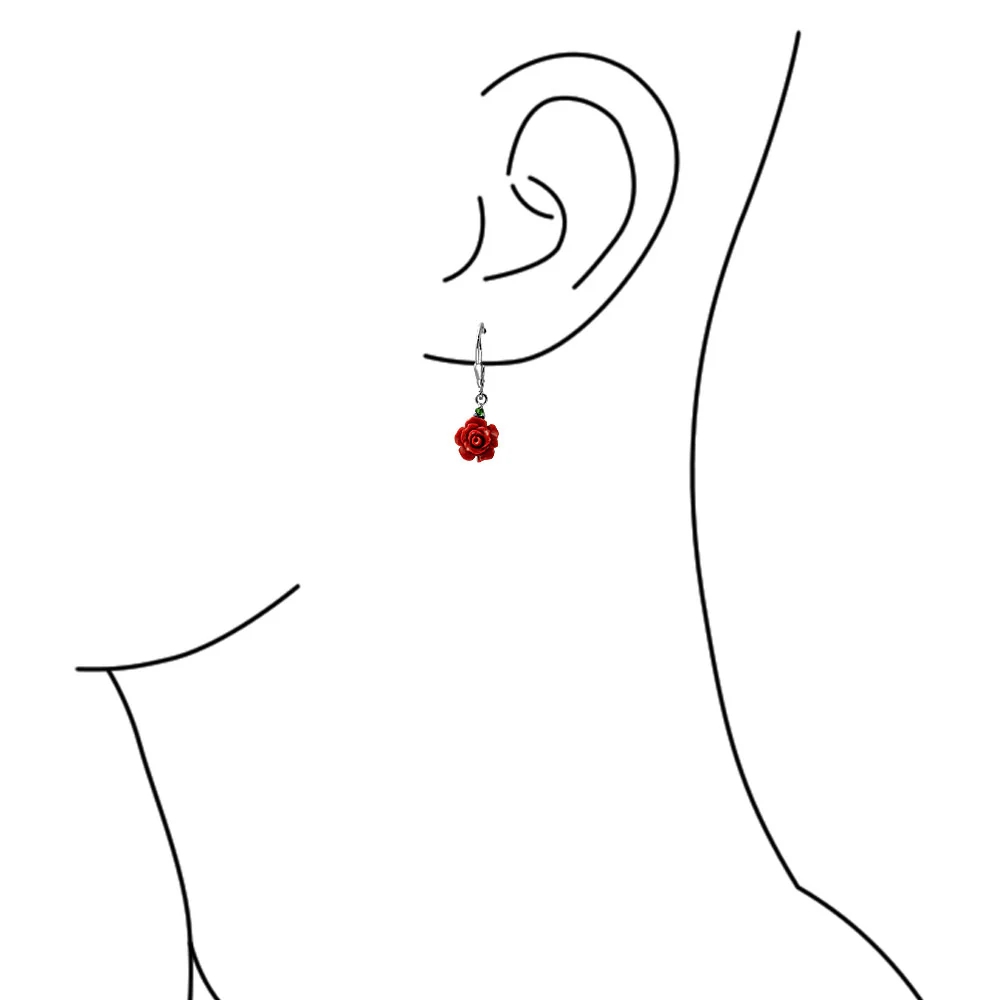 Romantic Craved Floral 3D Red Rose Flower Stud Earrings Sterling Silver Lever back - Image 7
