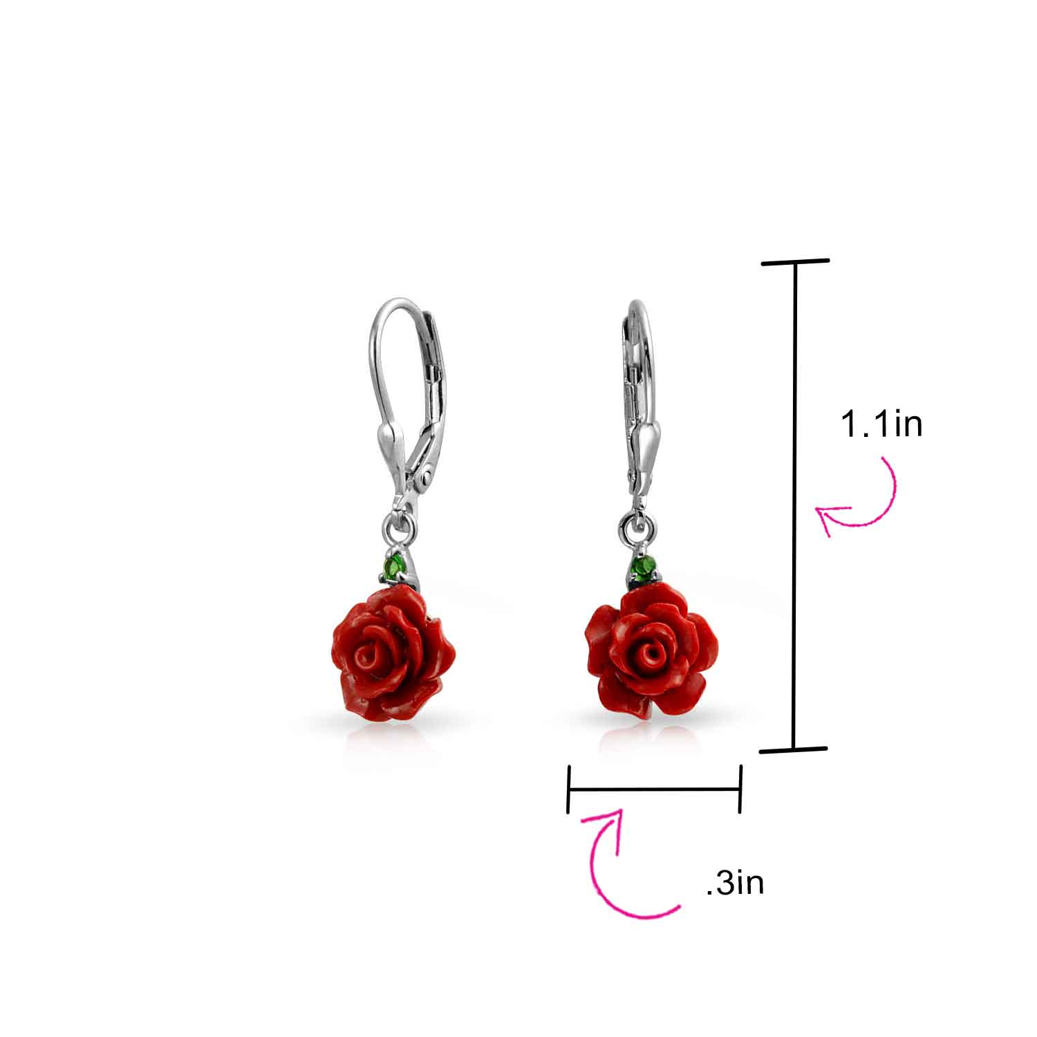 Romantic Craved Floral 3D Red Rose Flower Stud Earrings Sterling Silver Lever back - Image 9