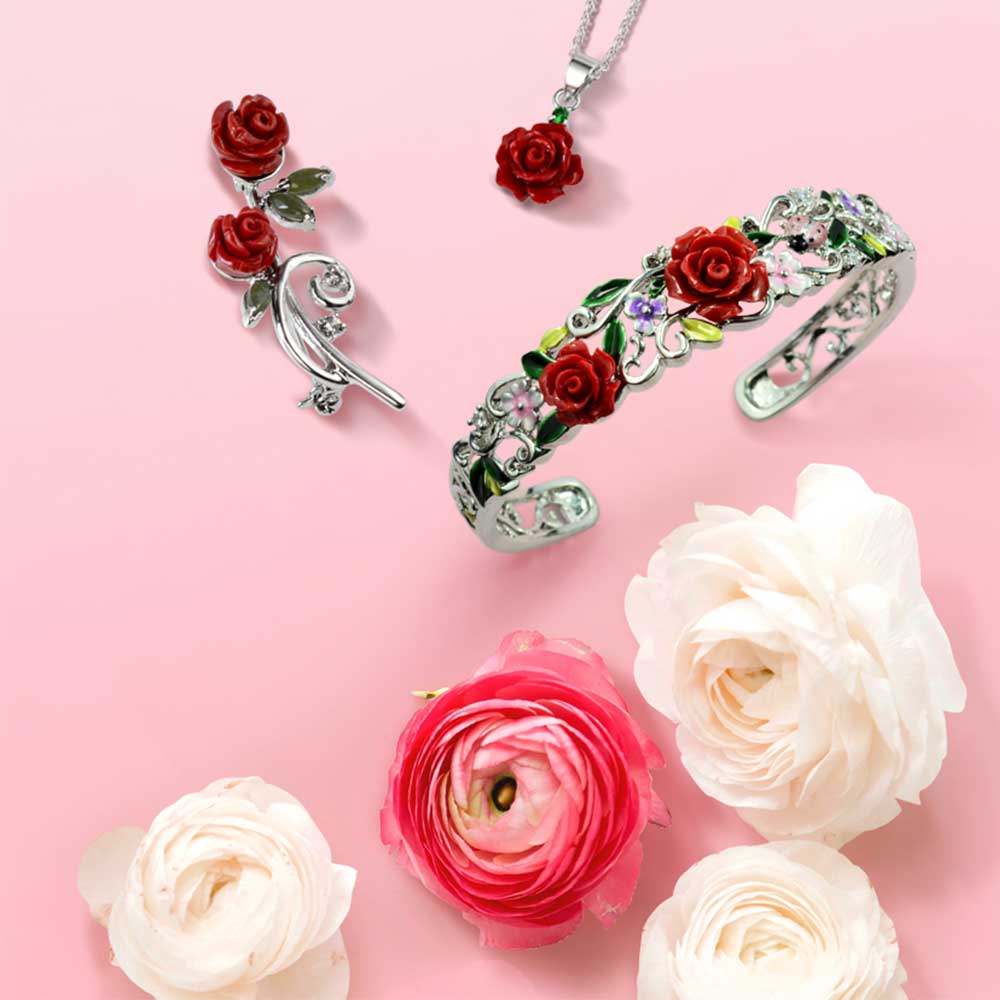 Romantic Floral 3D Flower Rose Pendant Necklace with Green CZ Sterling Silver - Image 12