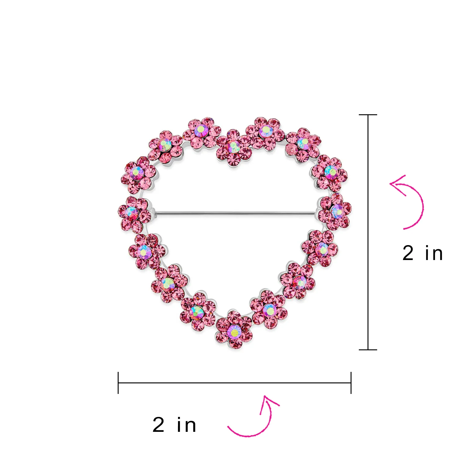 Romantic Large Statement Pink Crystal Flower Heart Brooch Scarf Pin Silver Plated - Image 4