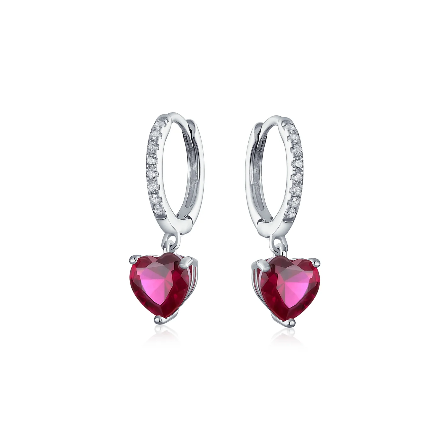 Romantic Love Pink Red Cubic Zirconia CZ Dangling Heart Huggie Mini Hoop Earrings Sterling Silver
