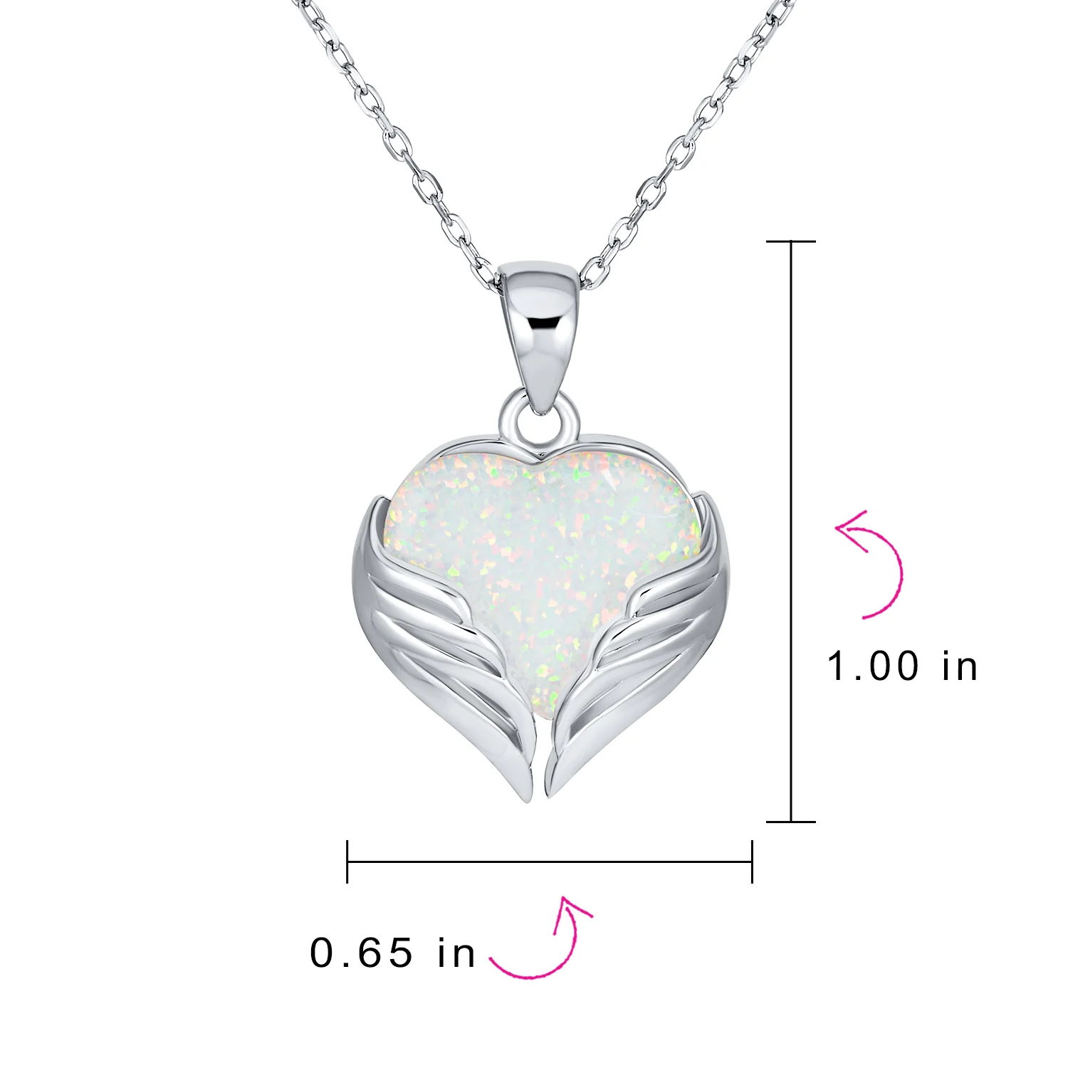 Romantic Love Gemstone White Opal Heart Angel Wing Pendant Necklace Silver - Image 3