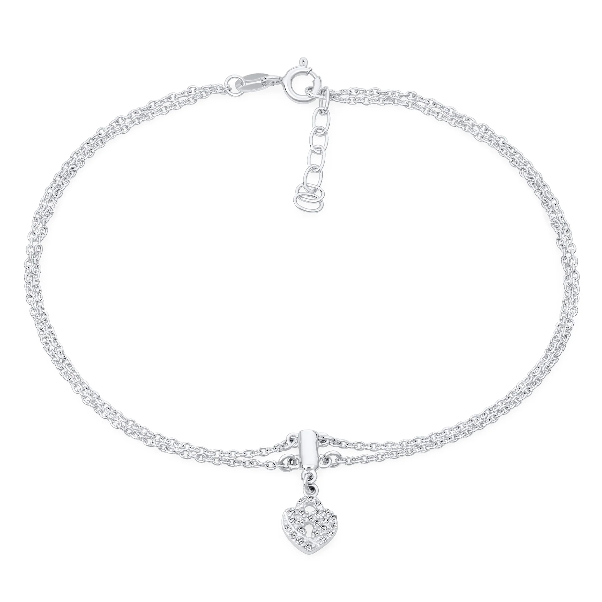 Romantic Double Chain CZ Heart Anklet Ankle Bracelet Sterling Silver - Image 2