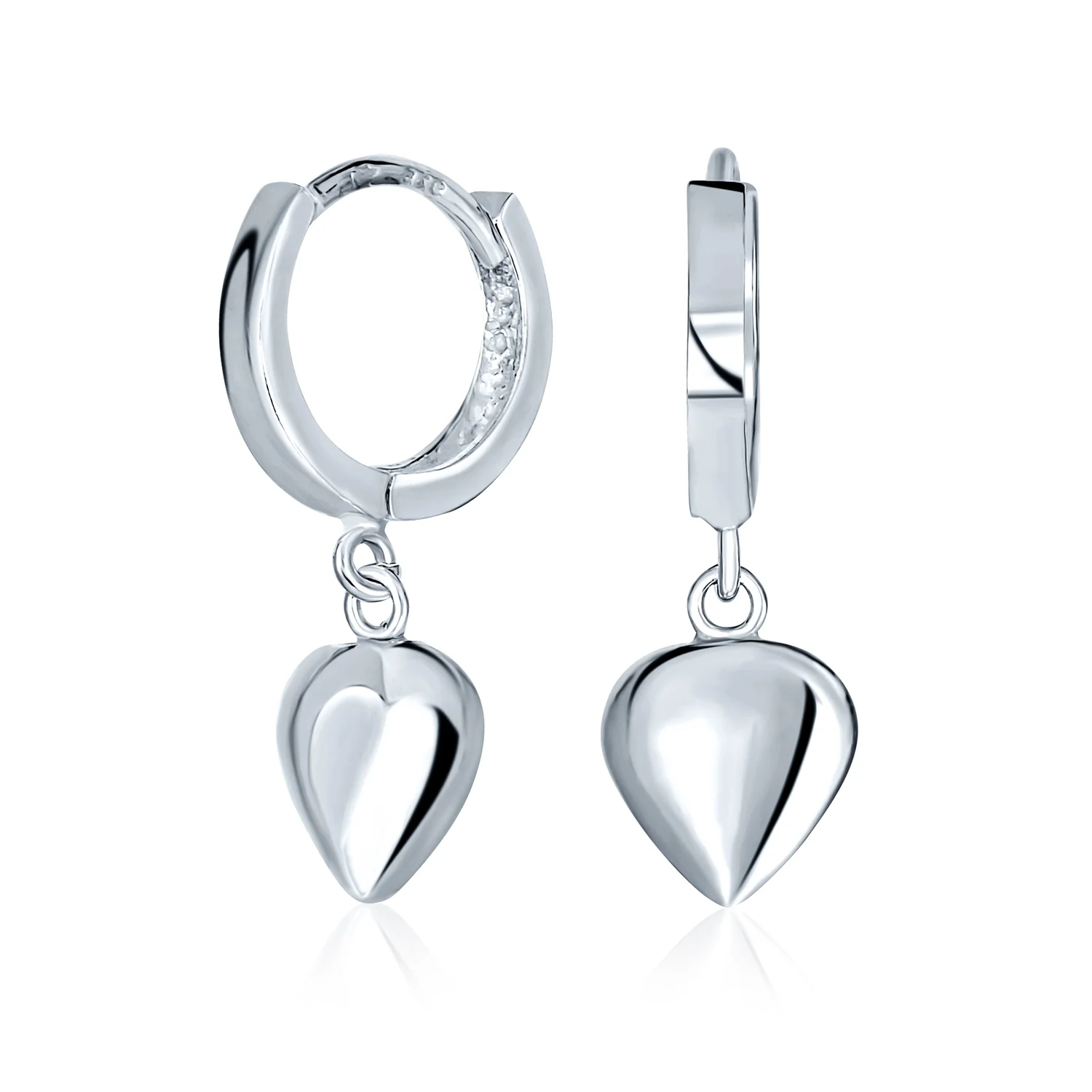 Puff Heart Shaped Drop Charm Huggie Mini Hoop Earrings Sterling Silver