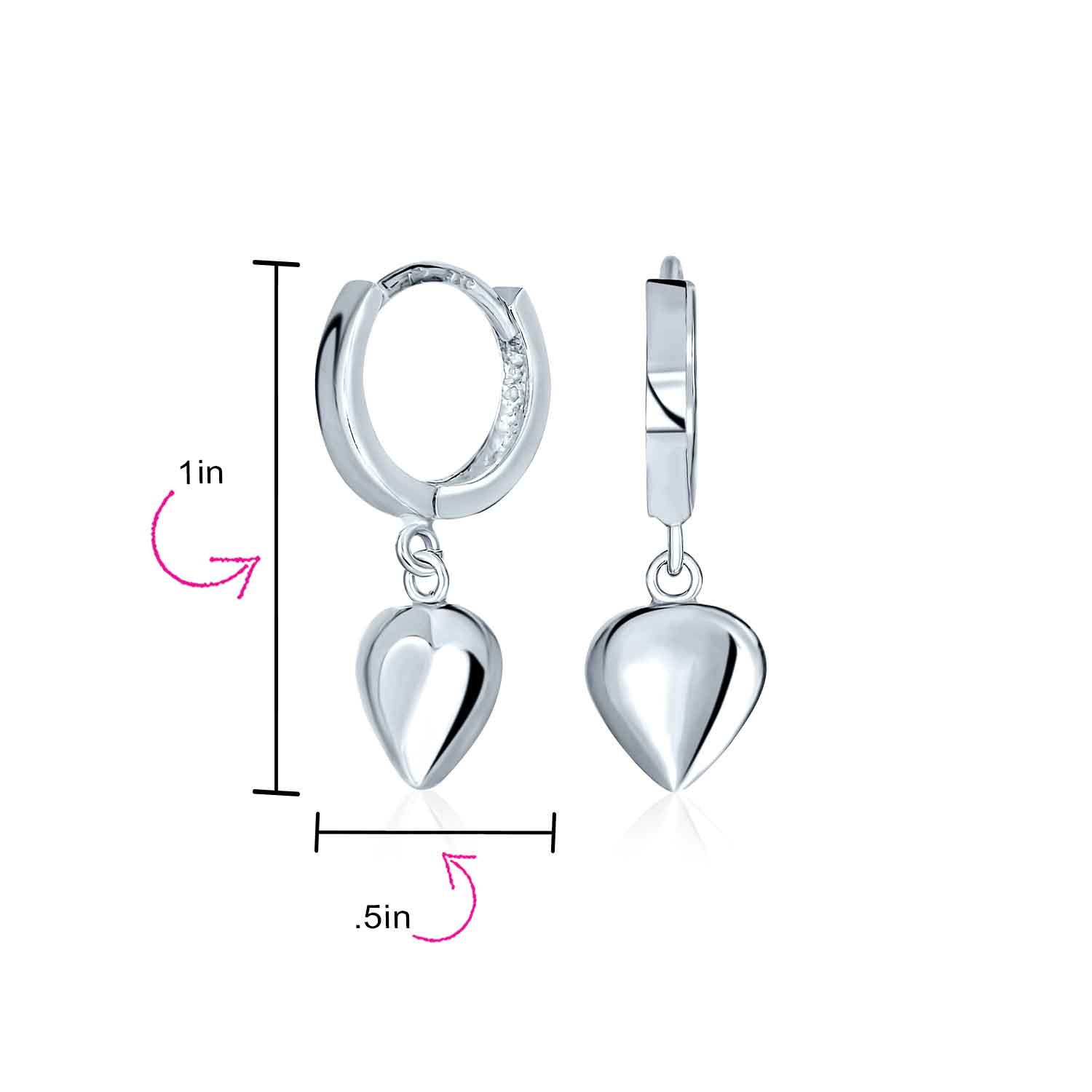 Puff Heart Shaped Drop Charm Huggie Mini Hoop Earrings Sterling Silver - Image 4