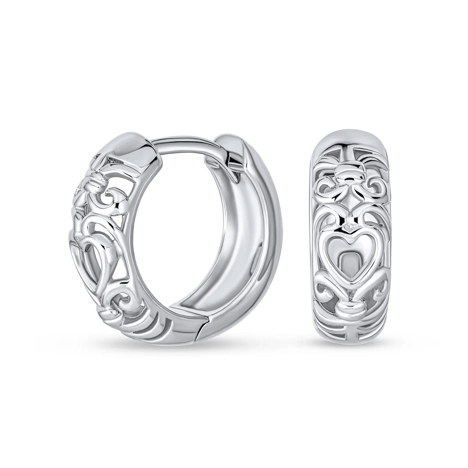 Open Heart Cut Out Filigree Huggie Mini Hoop Earrings Hinged Sterling Silver
