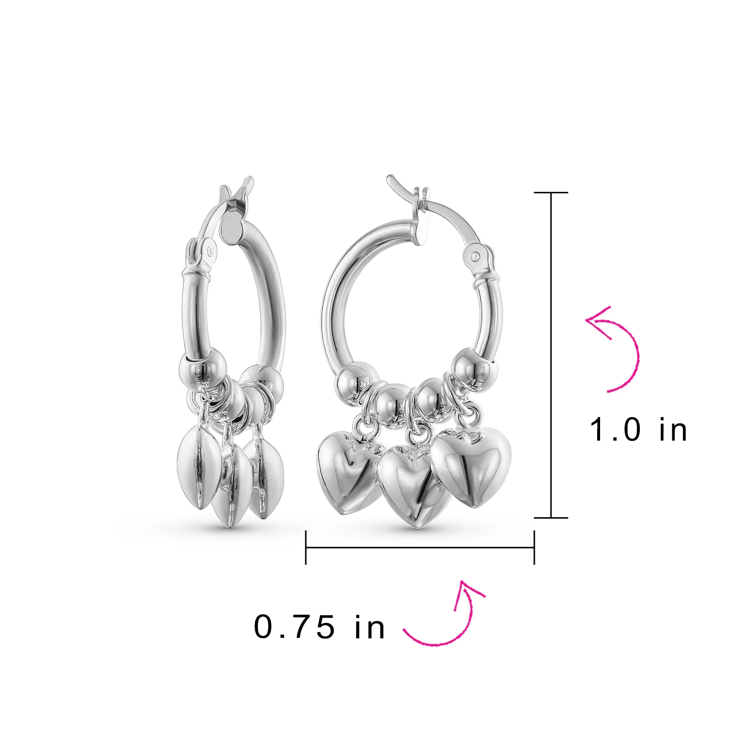 Romantic Love Dangle Earrings with Multi Charms Heart Shaped Huggie Hoops Silver - Image 3