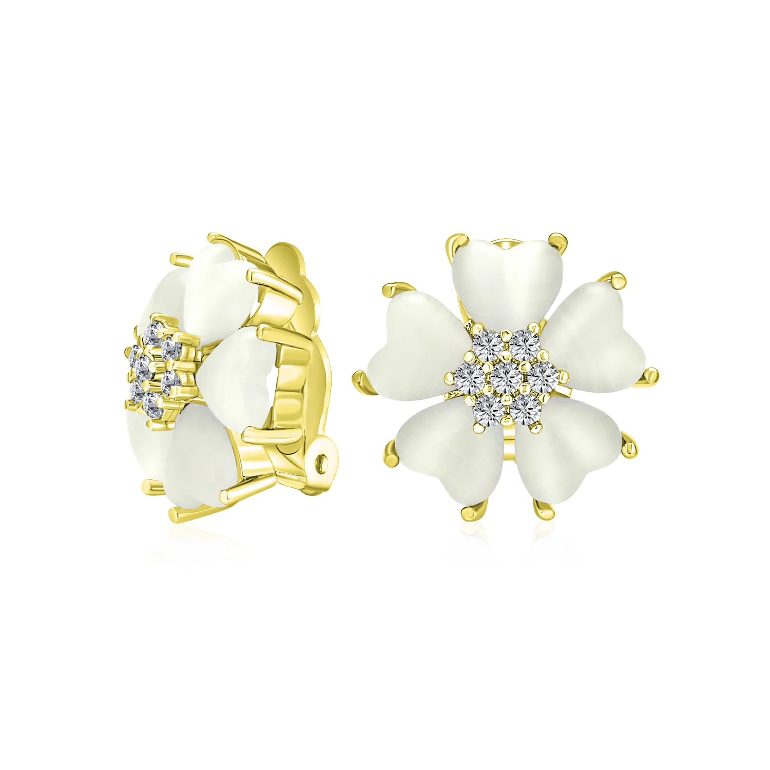 Romantic Cat Eye Heart-Shaped Petals Flower Clip-On Earrings Gold Plated For Non-Pierced