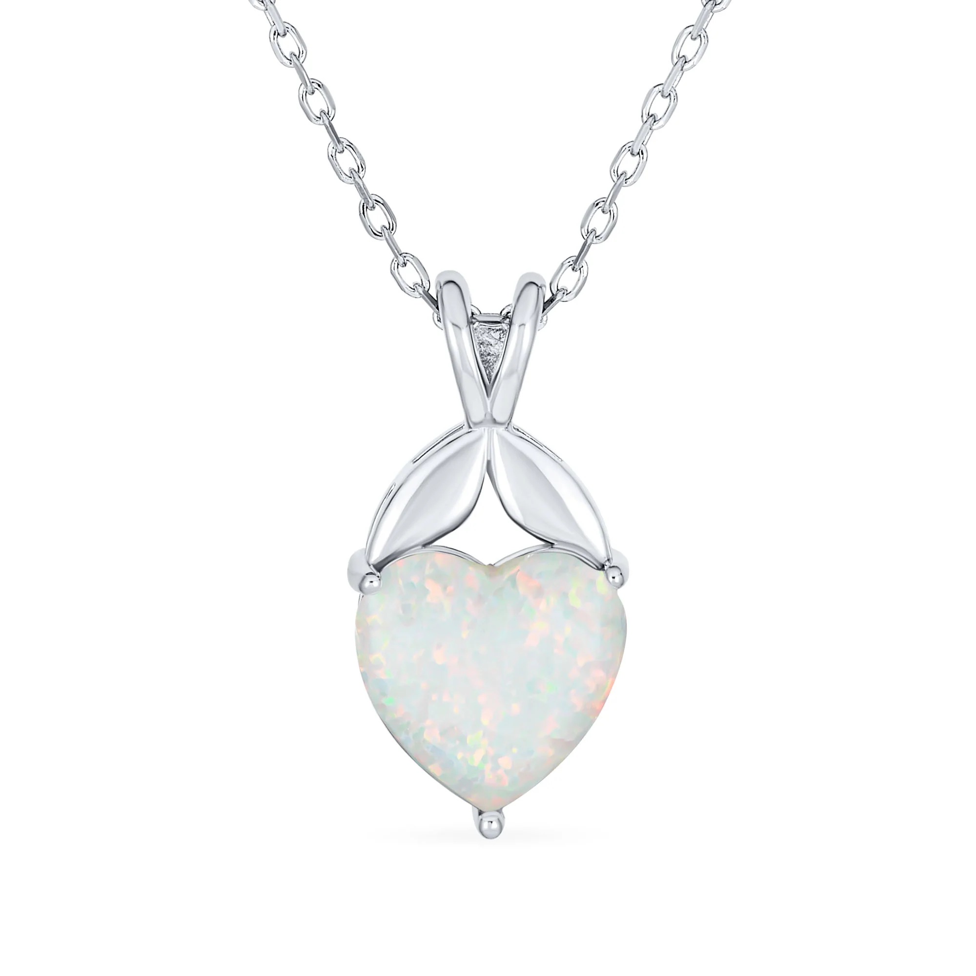 Opulence White Created Opal Solitaire Heart Pendant Necklace .925 Sterling Silver