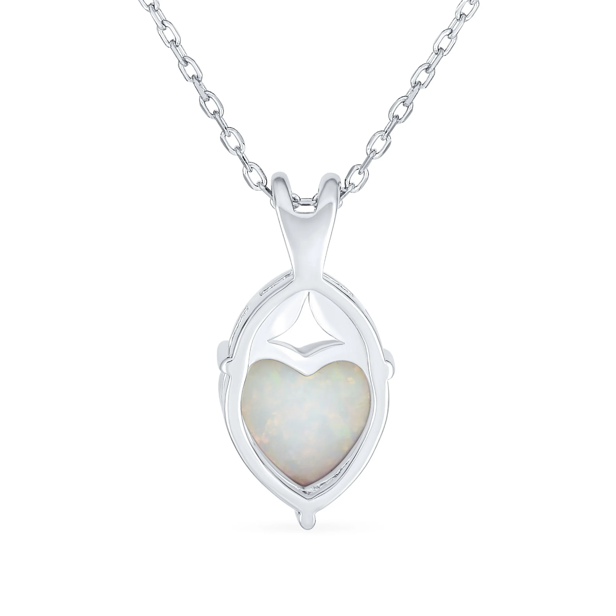 Opulence White Created Opal Solitaire Heart Pendant Necklace .925 Sterling Silver - Image 2