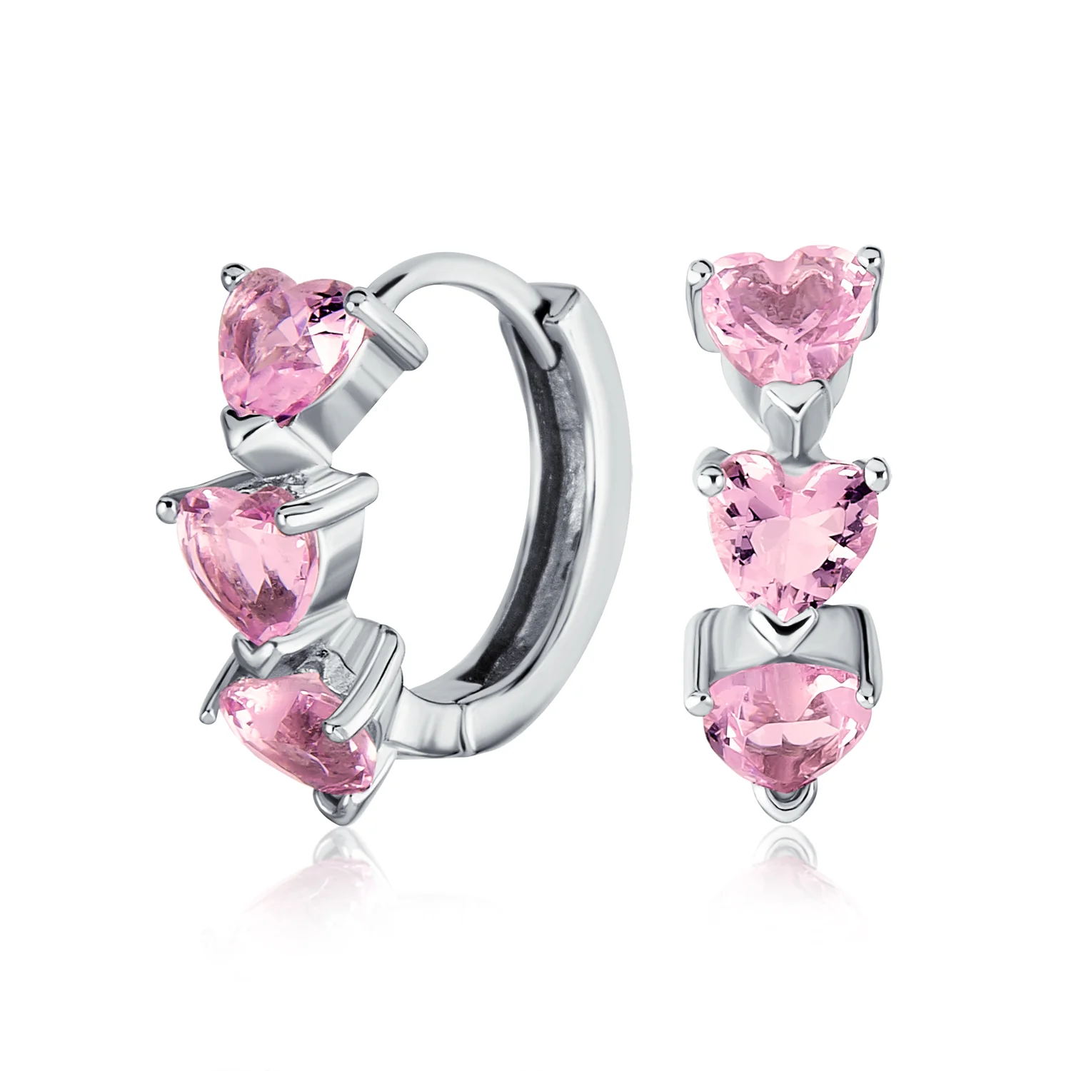 Romantic Pink Heart CZ Hoop Earrings Small Huggie Silver - Image 2