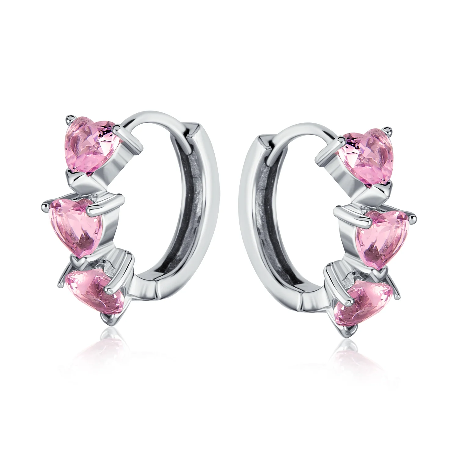 Romantic Pink Heart CZ Hoop Earrings Small Huggie Silver - Image 4