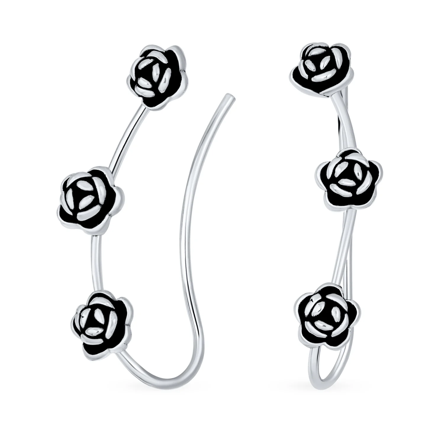 Retro Flower Ear Cuff Cartilage Three Roses Sterling Silver