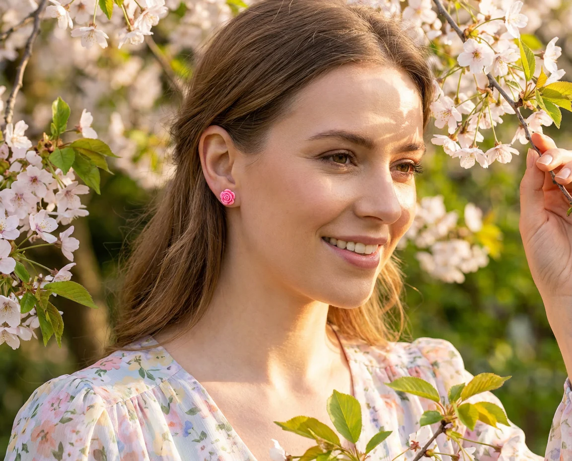 Romantic 3D Carved Flower Pink Peach Rose Stud Earrings Lightweight 10MM - Image 35