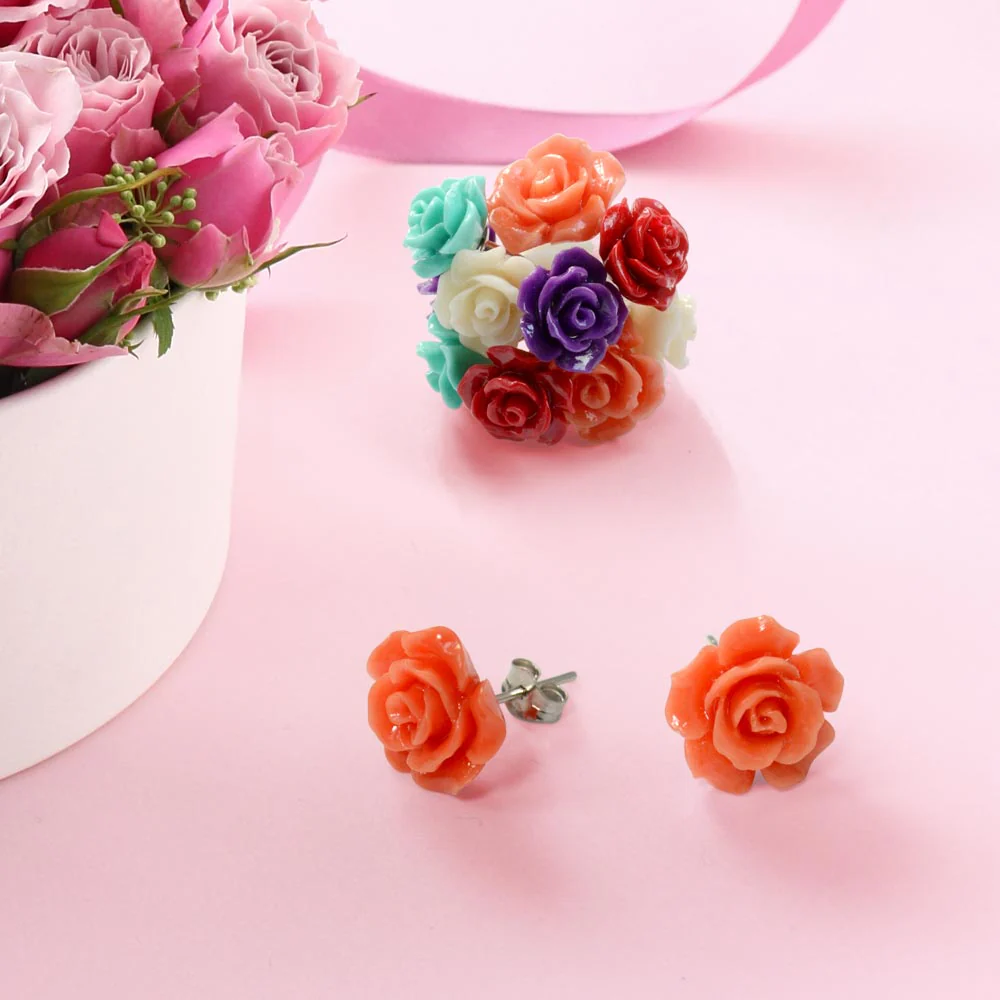 Romantic 3D Carved Flower Pink Peach Rose Stud Earrings Lightweight 10MM - Image 77
