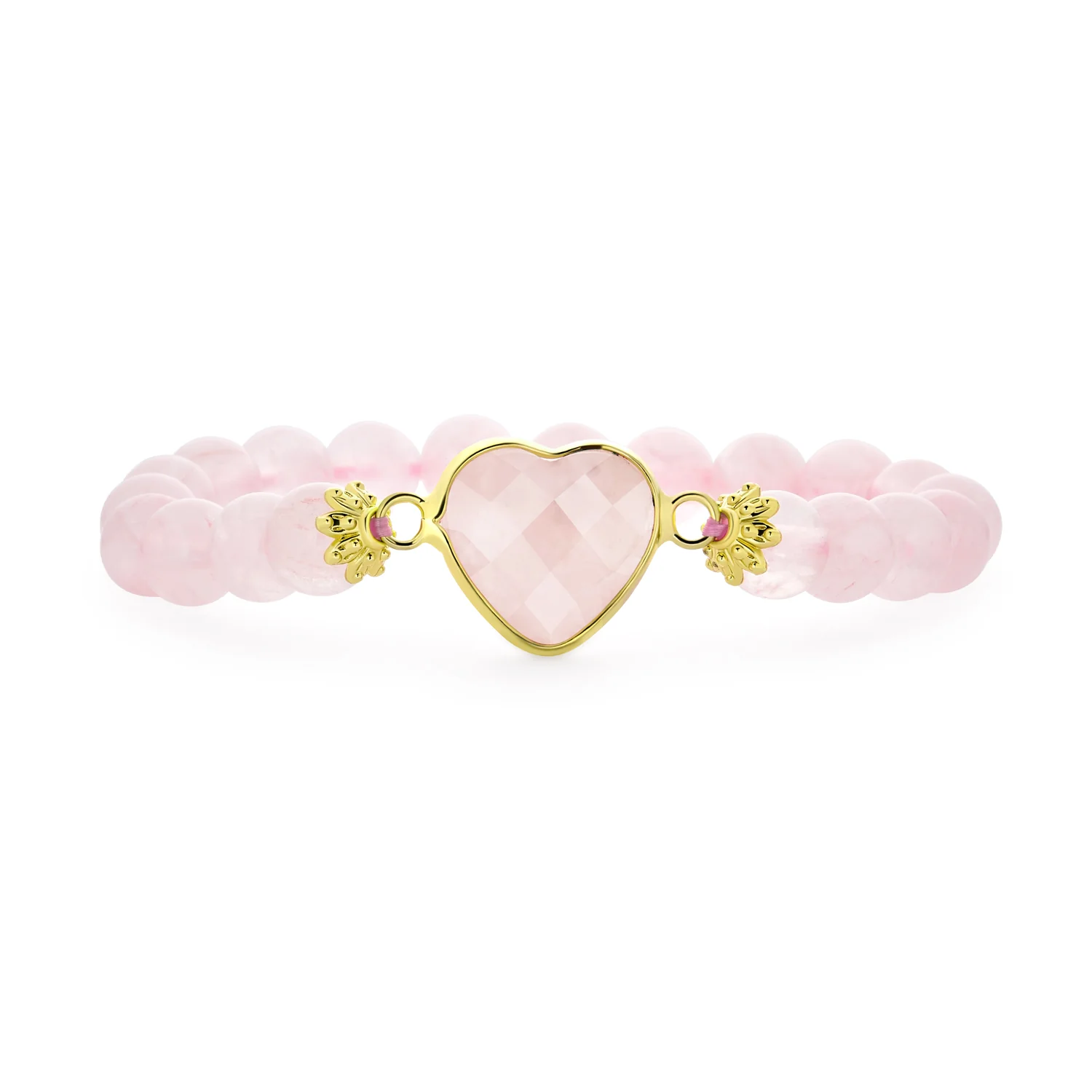 Romantic Handmade Rose Quartz Gemstone Stacking Stretch Bracelet Heart Charm - Image 2