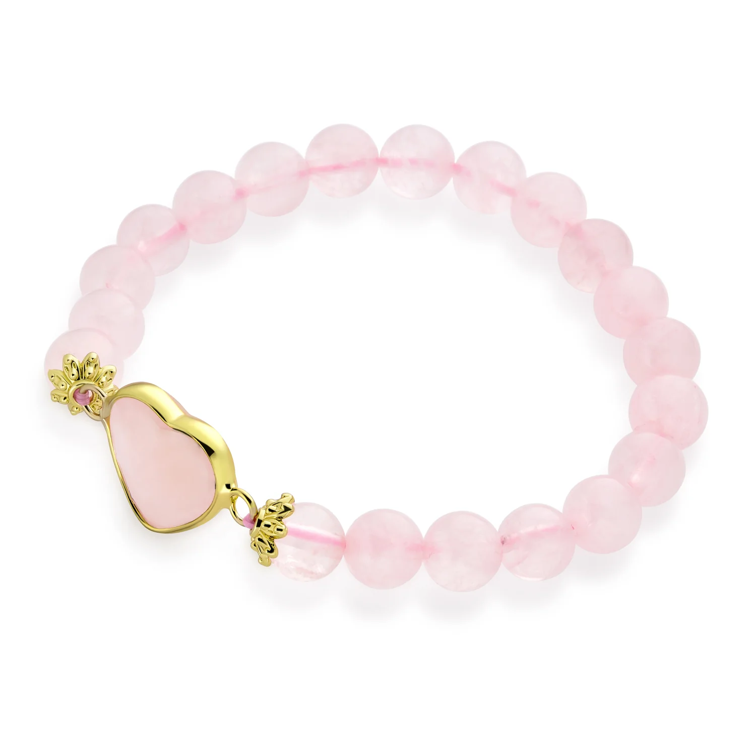 Romantic Handmade Rose Quartz Gemstone Stacking Stretch Bracelet Heart Charm - Image 4