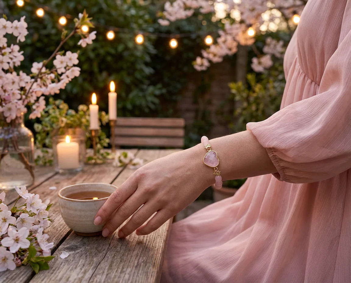 Romantic Handmade Rose Quartz Gemstone Stacking Stretch Bracelet Heart Charm - Image 6