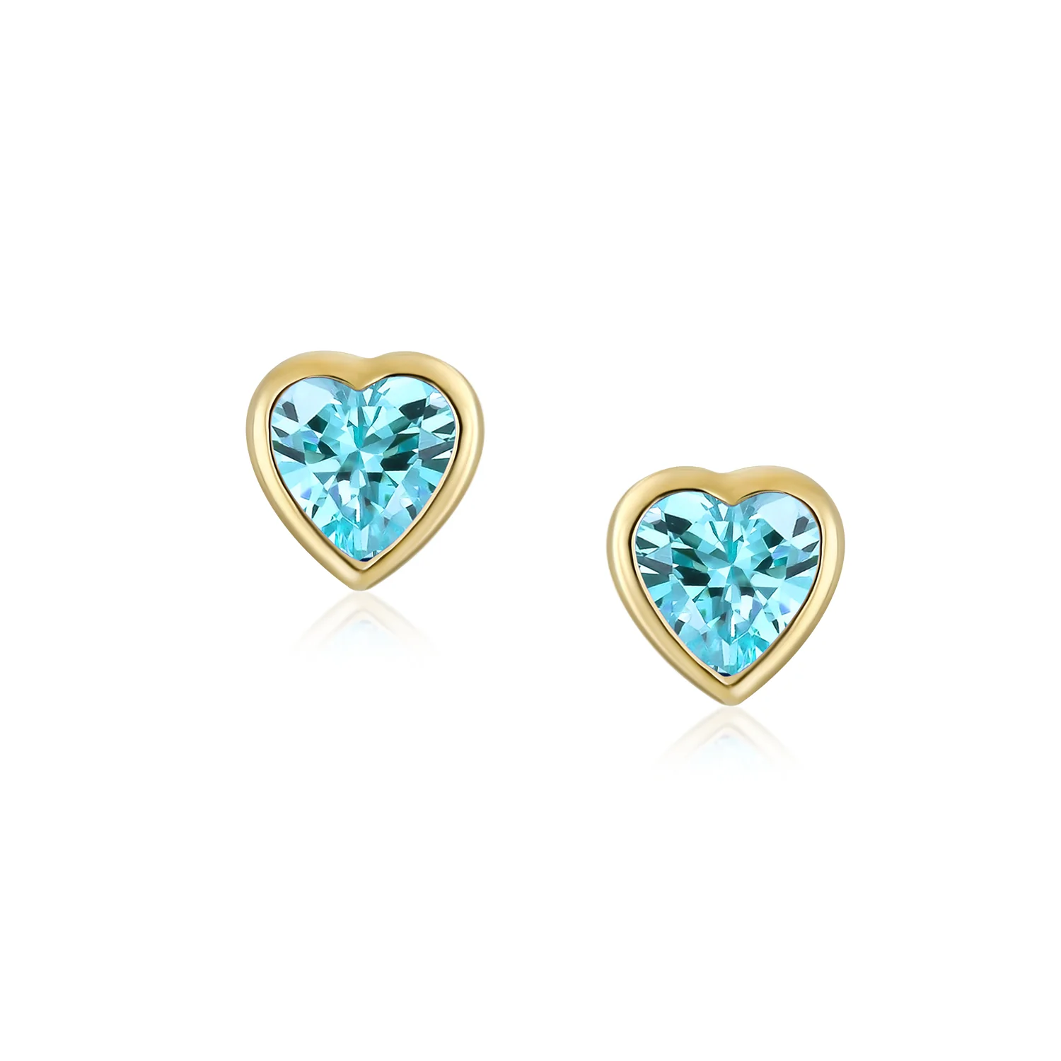 Romantic Love Tiny Mini Cubic Zirconia Aqua Blue CZ Heart Stud Earrings 14K Yellow Gold - Image 10