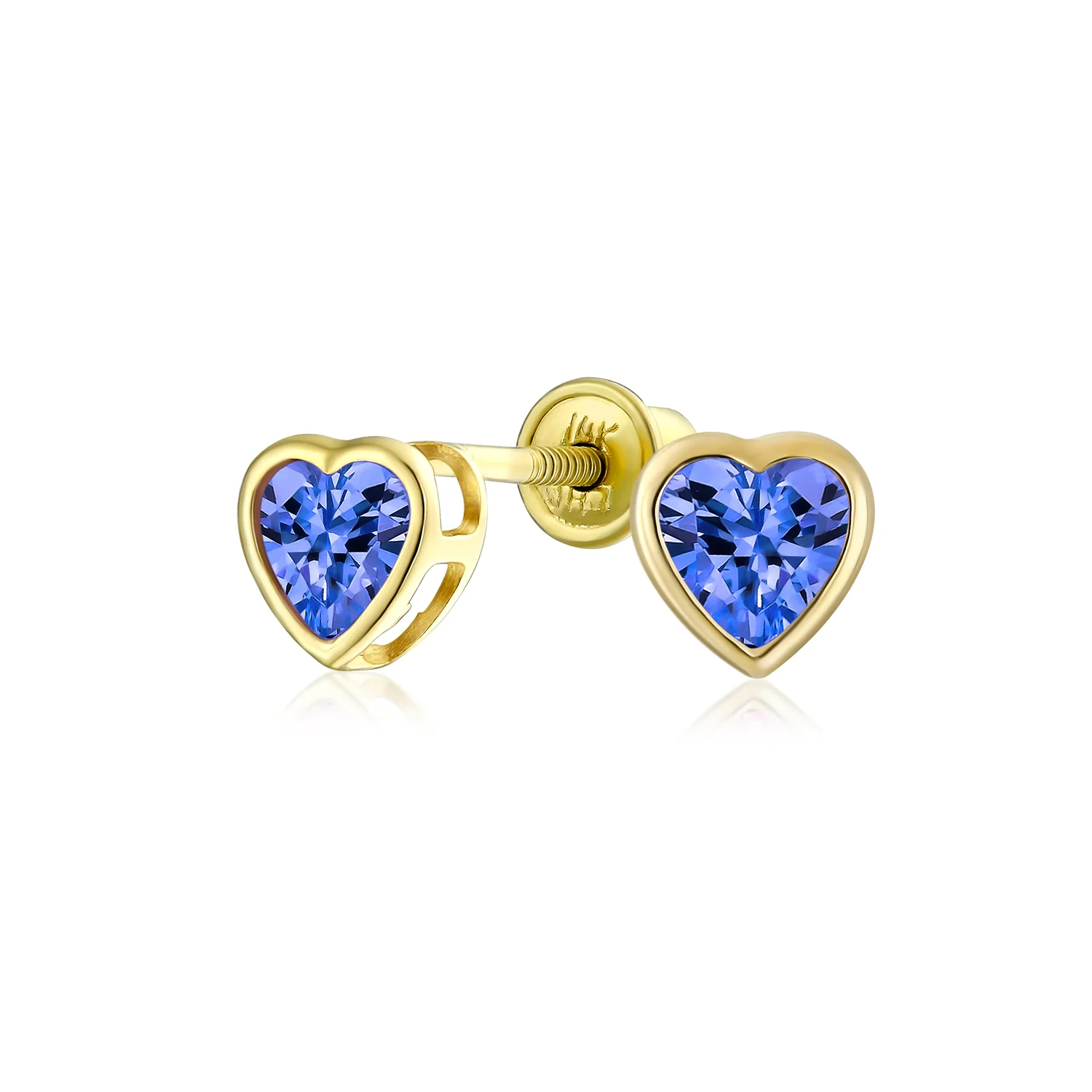 Romantic Love Tiny Mini Cubic Zirconia Aqua Blue CZ Heart Stud Earrings 14K Yellow Gold - Image 7