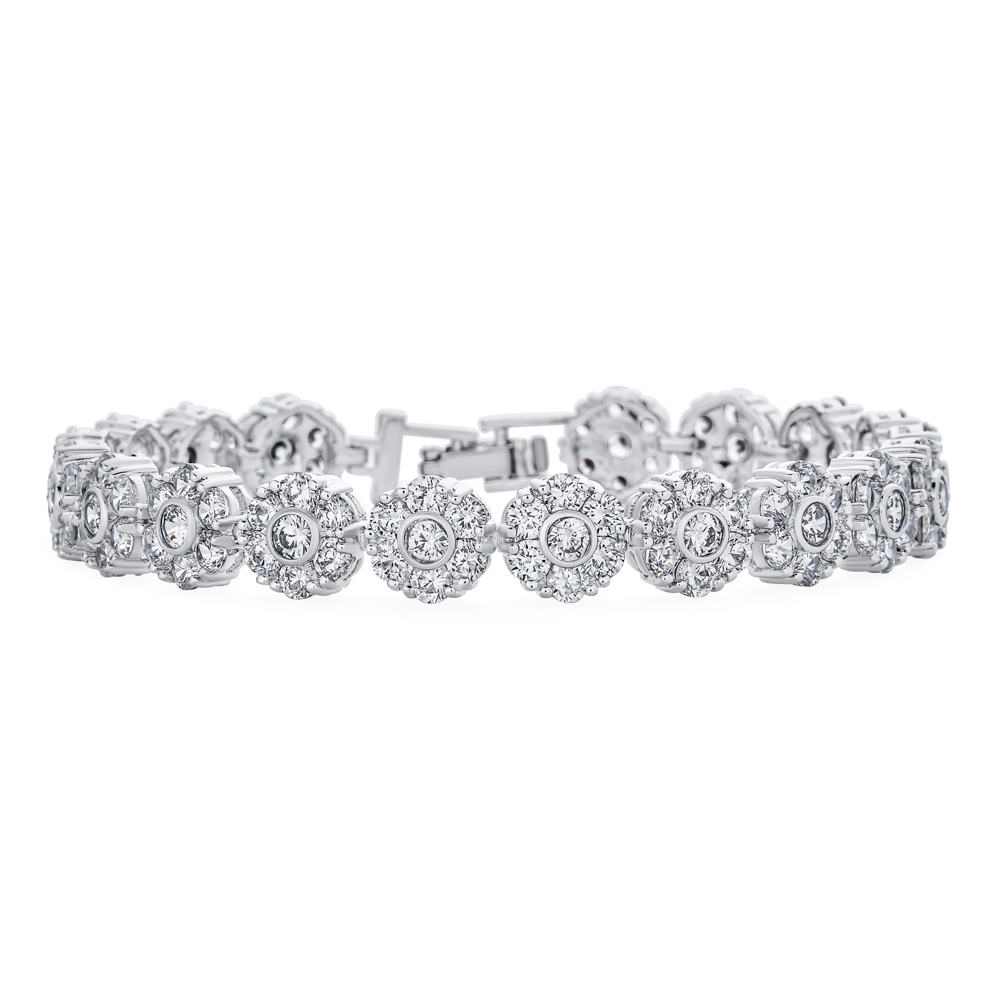 Formal Statement Cubic Zirconia Pave CZ Floral Circlets Rose Flower Motif Tennis Bracelet
