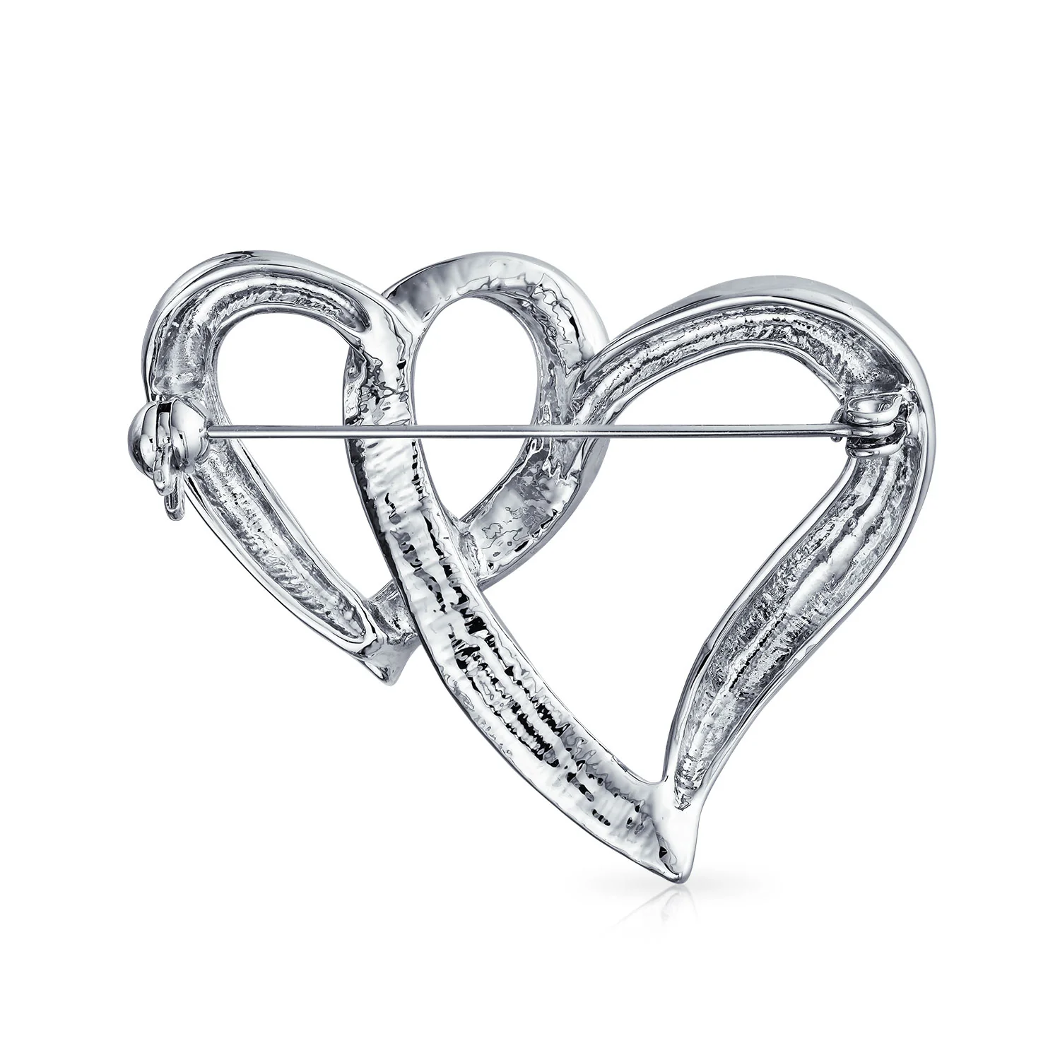 Romantic Large Statement Crystal Double Heart Brooch Scarf Pin Silver Plated - Image 2