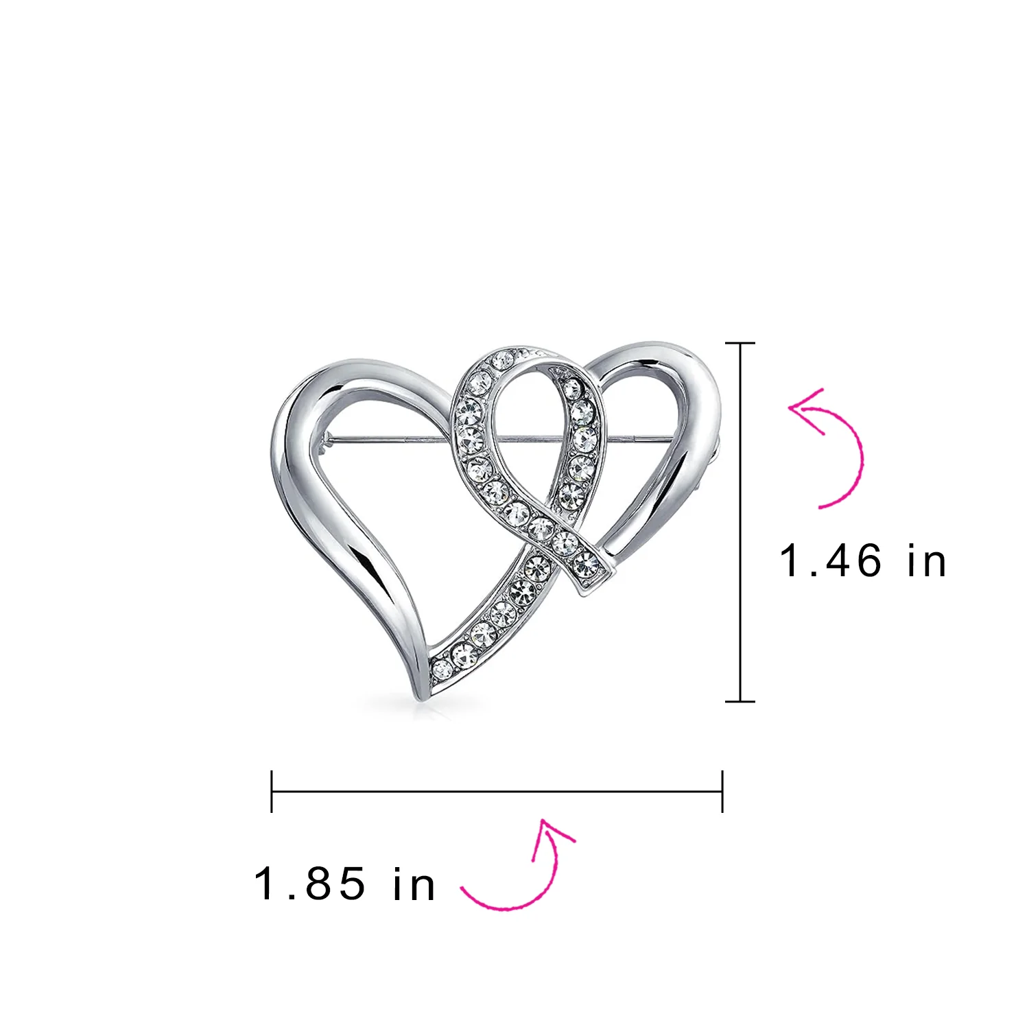 Romantic Large Statement Crystal Double Heart Brooch Scarf Pin Silver Plated - Image 4