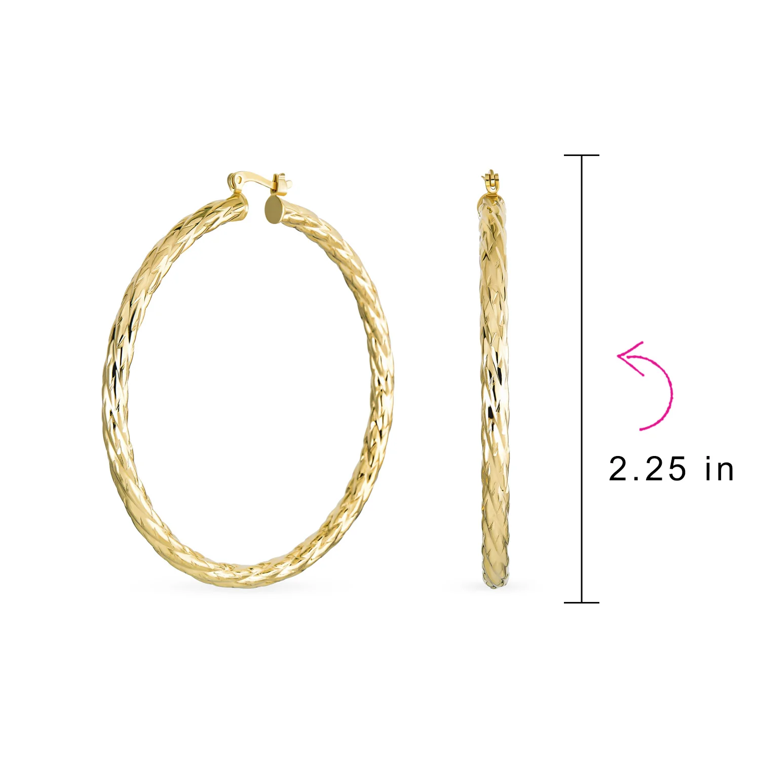 Rope Cable Wide Hoop Huggie Earrings 18K Gold Plated Brass 2.25 Inch Diameter - Image 4