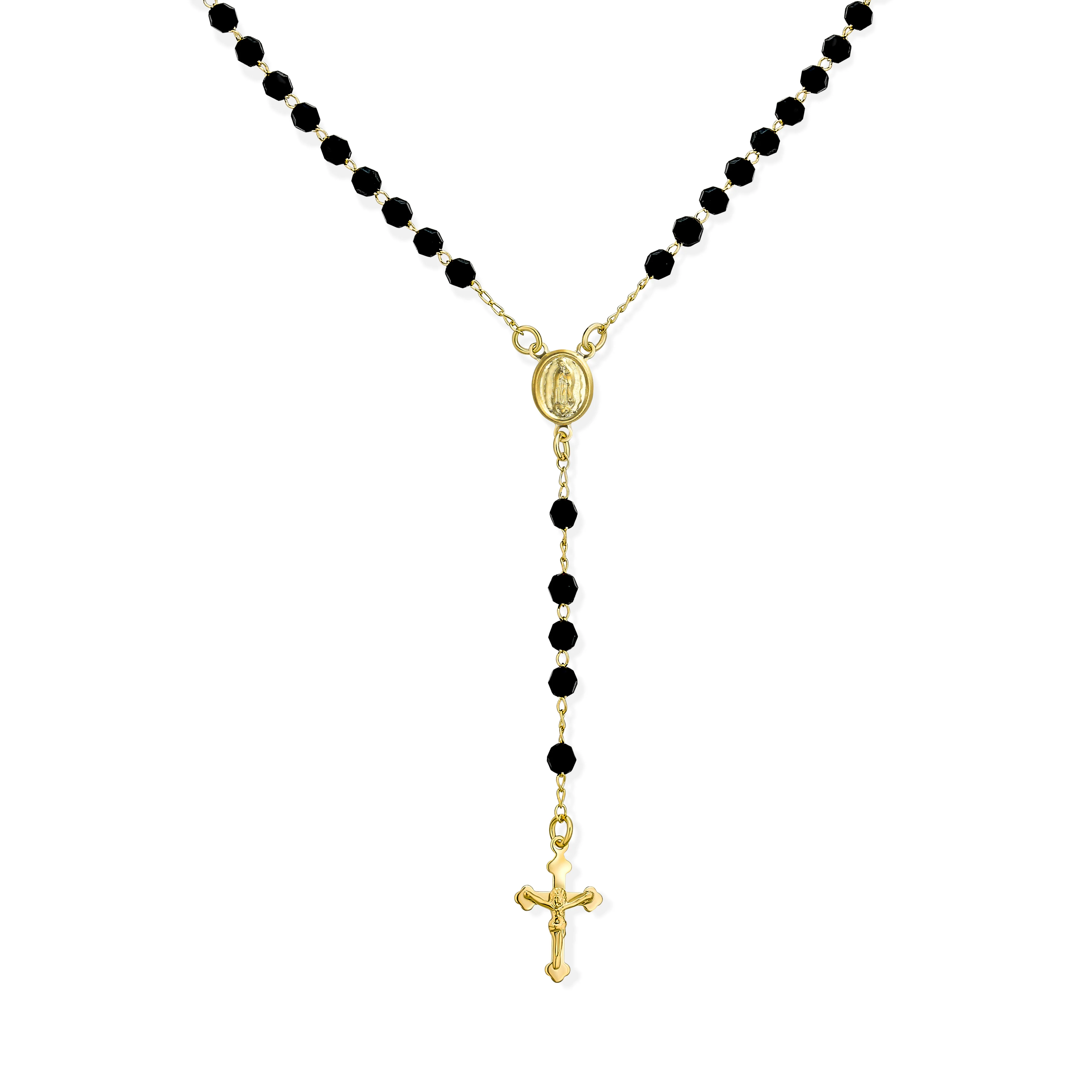 Black Bead Rosary Necklace Virgin Mary Crucifix Cross Gold