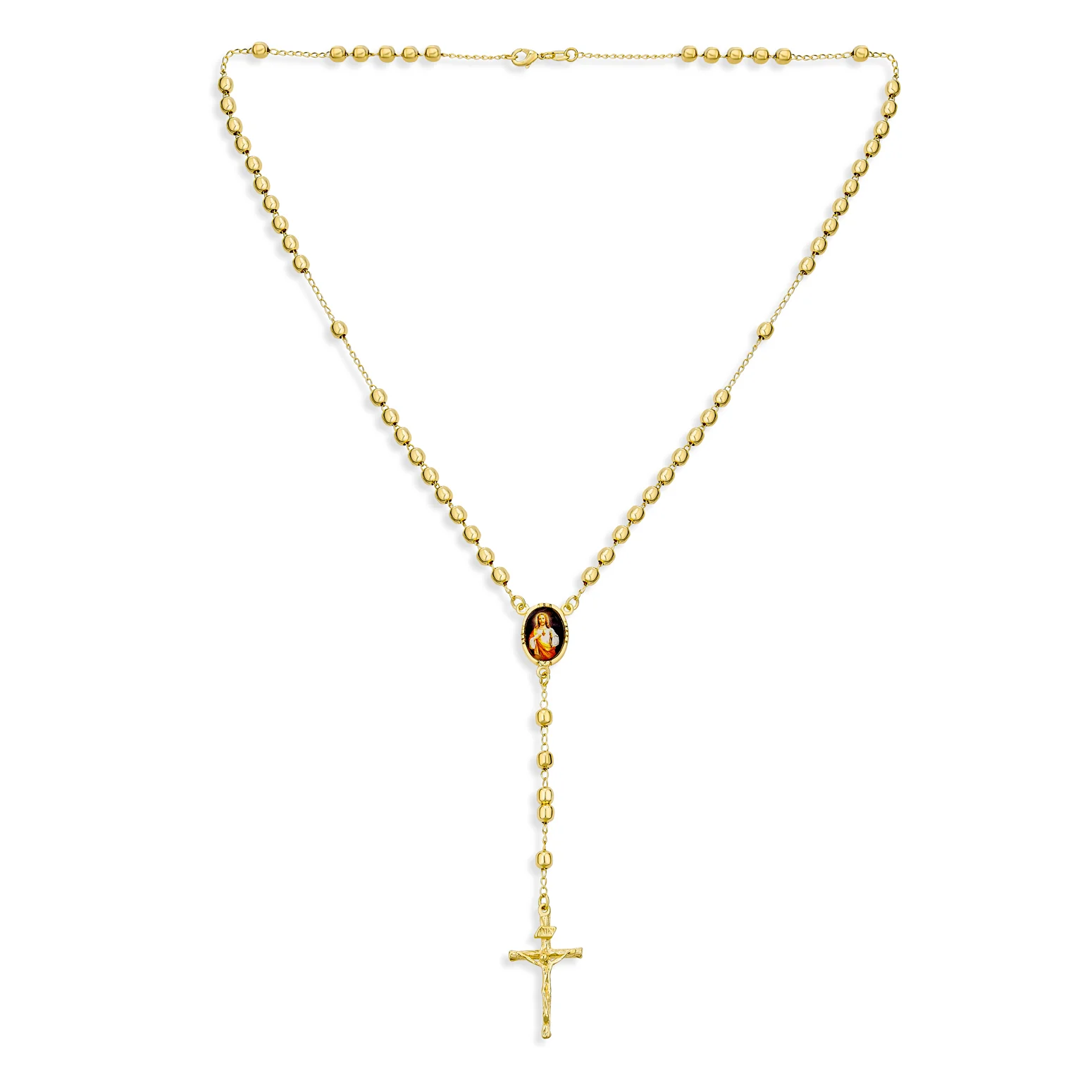 18K Gold Plated Rosary Beads Necklace Sacred Heart Crucifix - Image 2