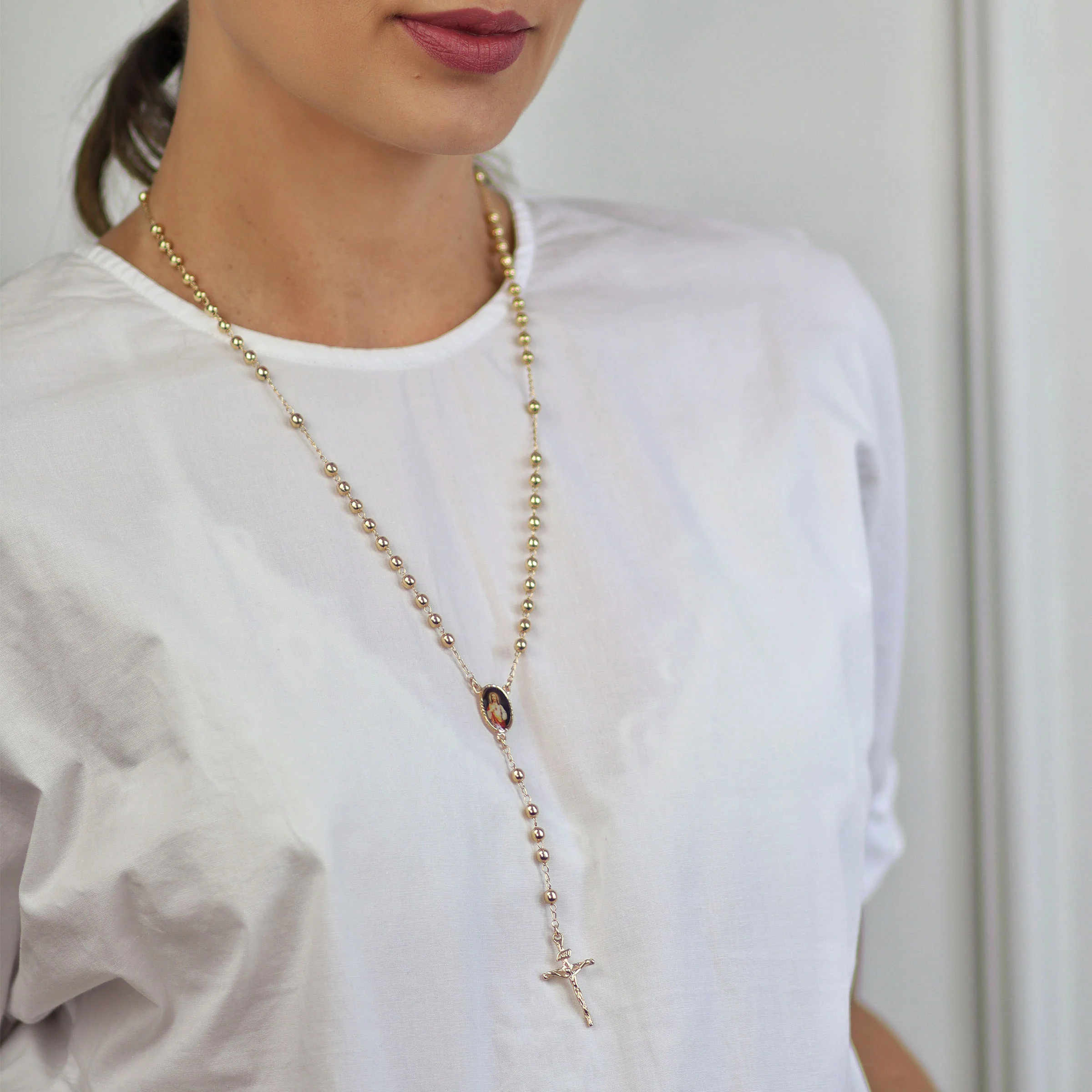18K Gold Plated Rosary Beads Necklace Sacred Heart Crucifix - Image 3