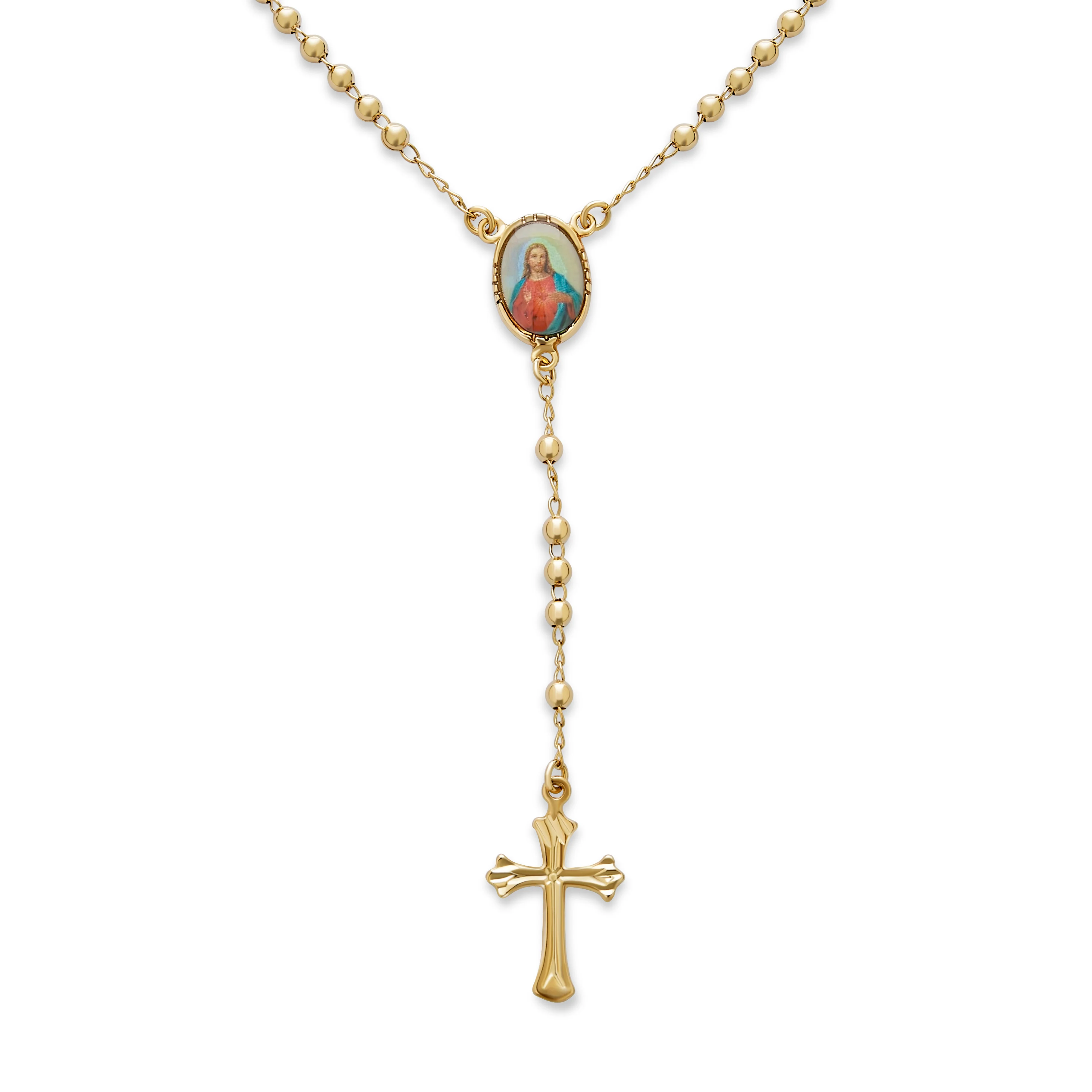 Religious Prayer Rosario Beads Scared Heart of Jesus Cross Rosary Beads Necklace 18K Gold Plated