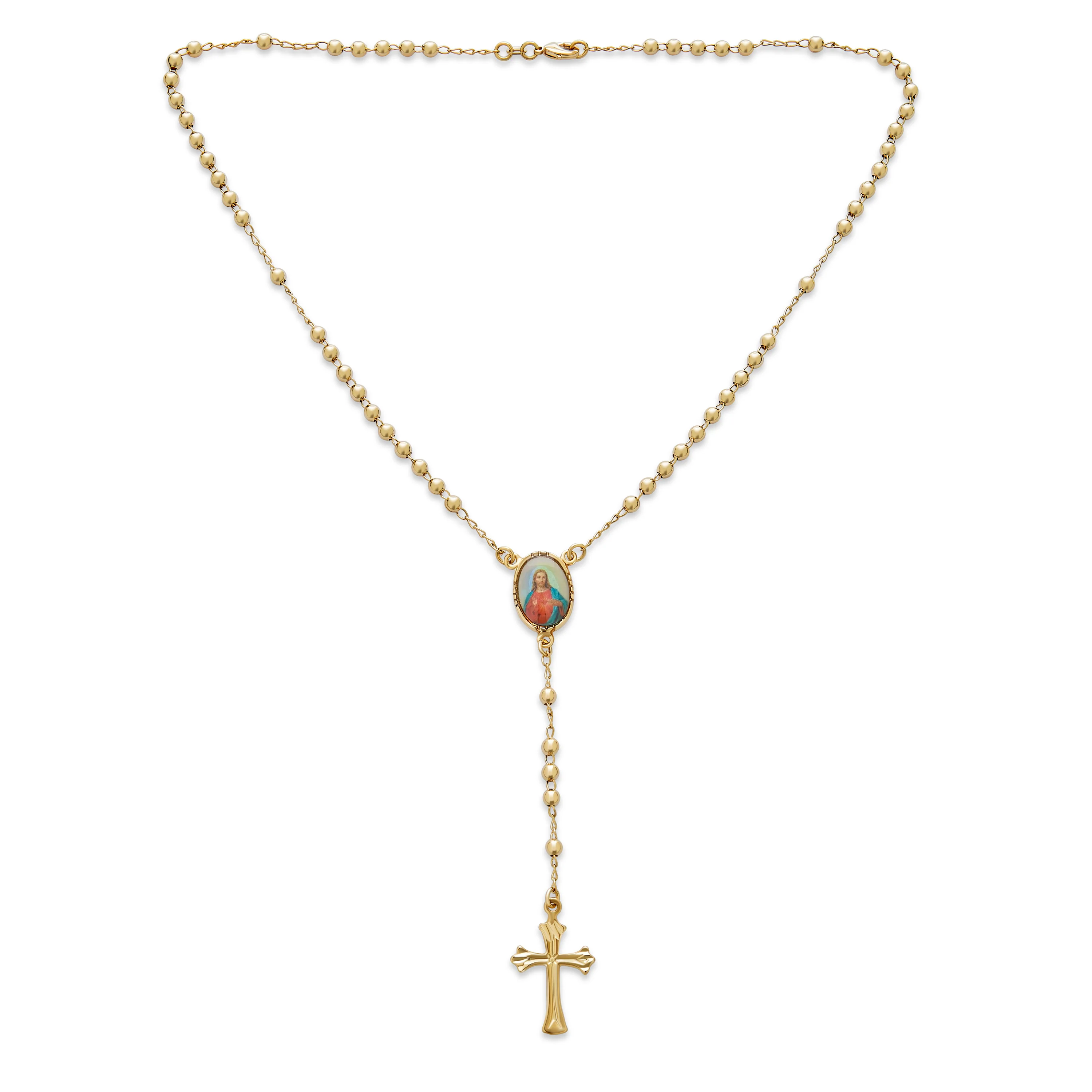 Religious Prayer Rosario Beads Scared Heart of Jesus Cross Rosary Beads Necklace 18K Gold Plated - Image 2