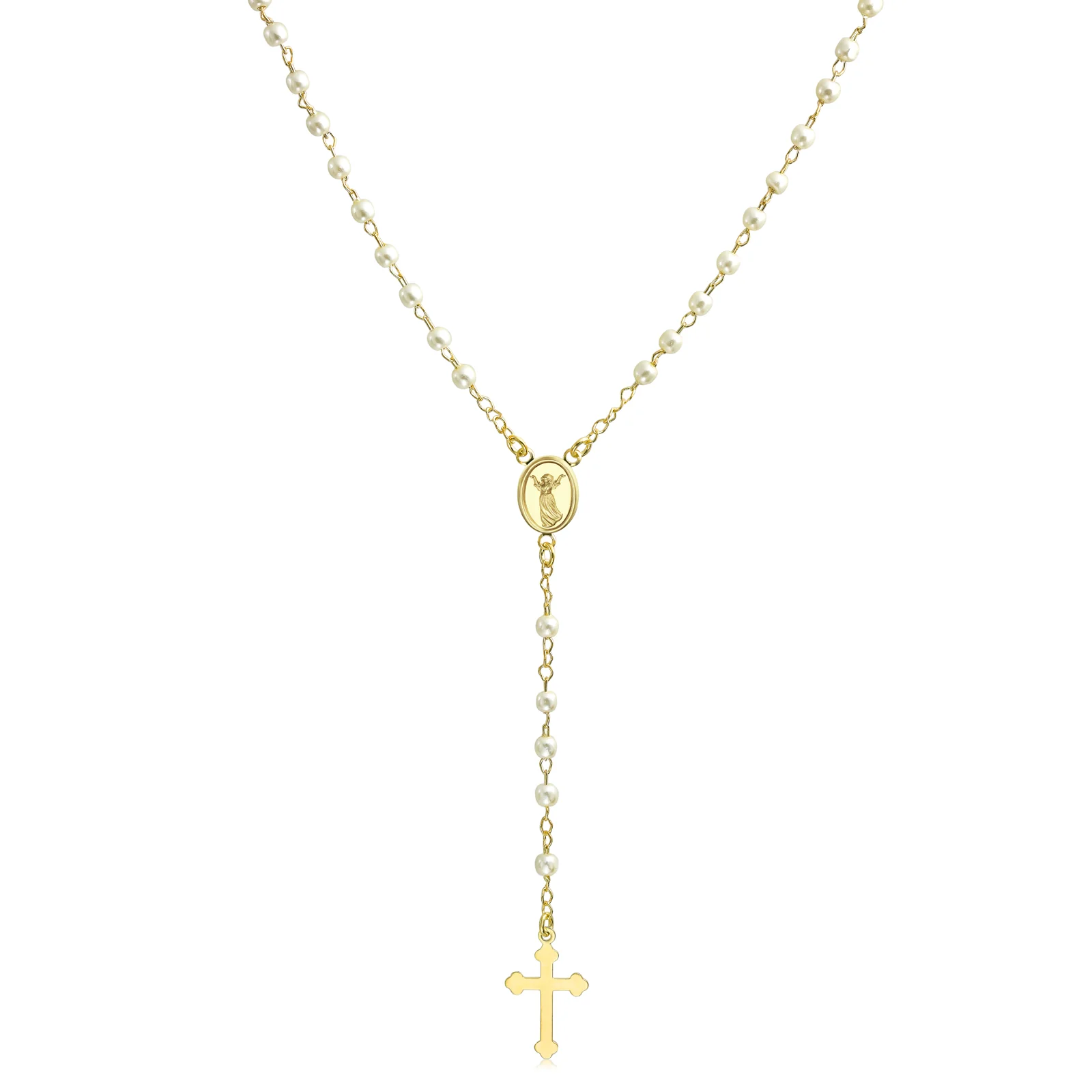 Guardian Angel Medallion Cross Simulated Pearl Rosary Beads Necklace Gold Plated