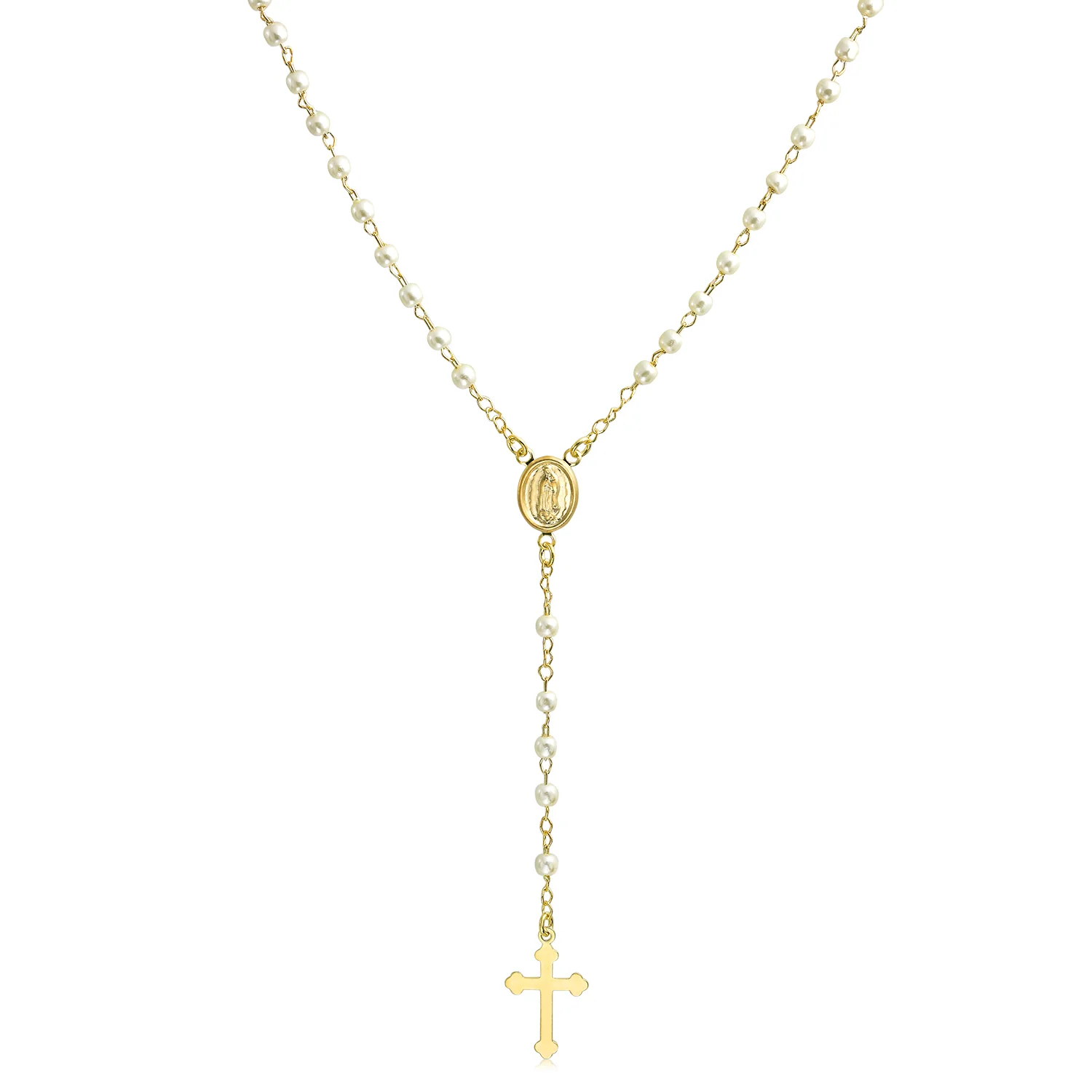 Guardian Angel Medallion Cross Simulated Pearl Rosary Beads Necklace Gold Plated - Image 2
