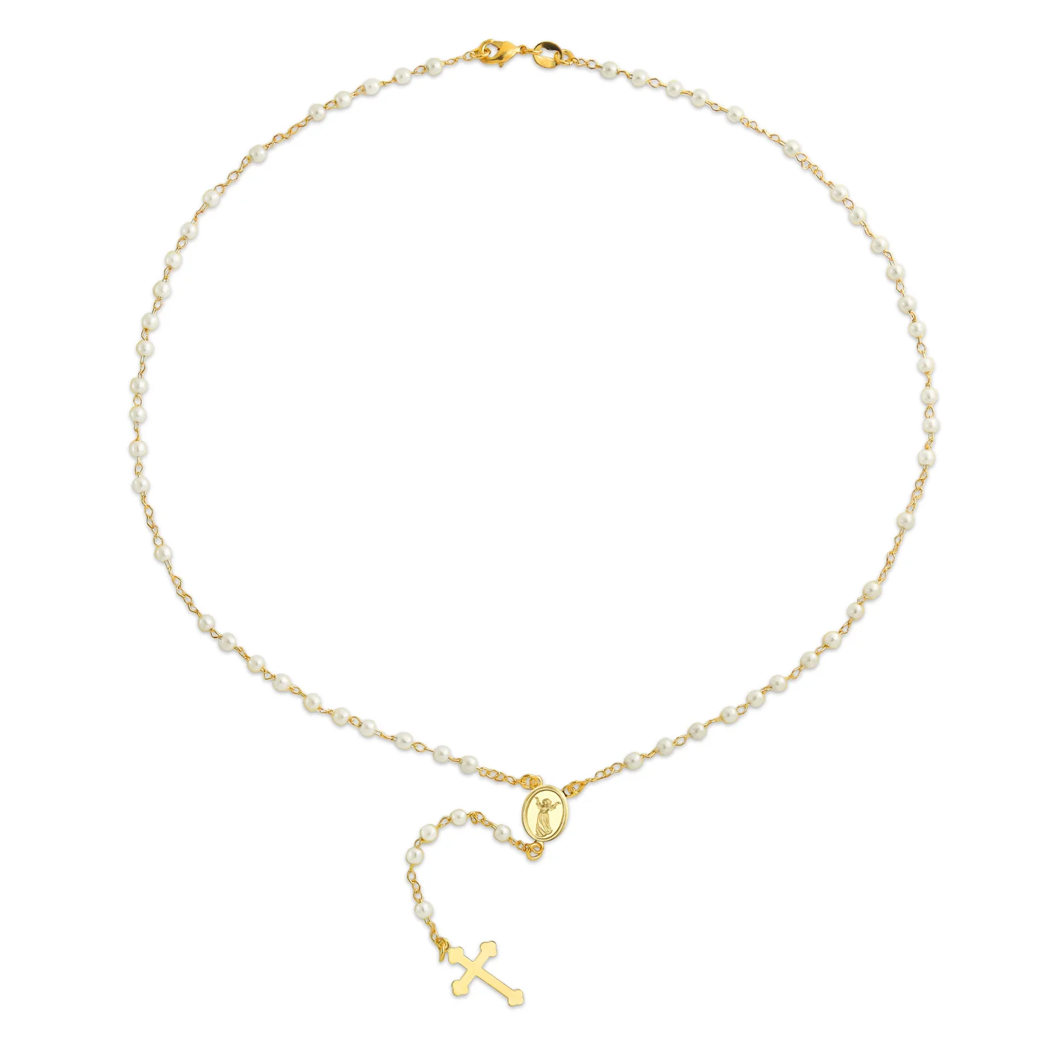 Guardian Angel Medallion Cross Simulated Pearl Rosary Beads Necklace Gold Plated - Image 3