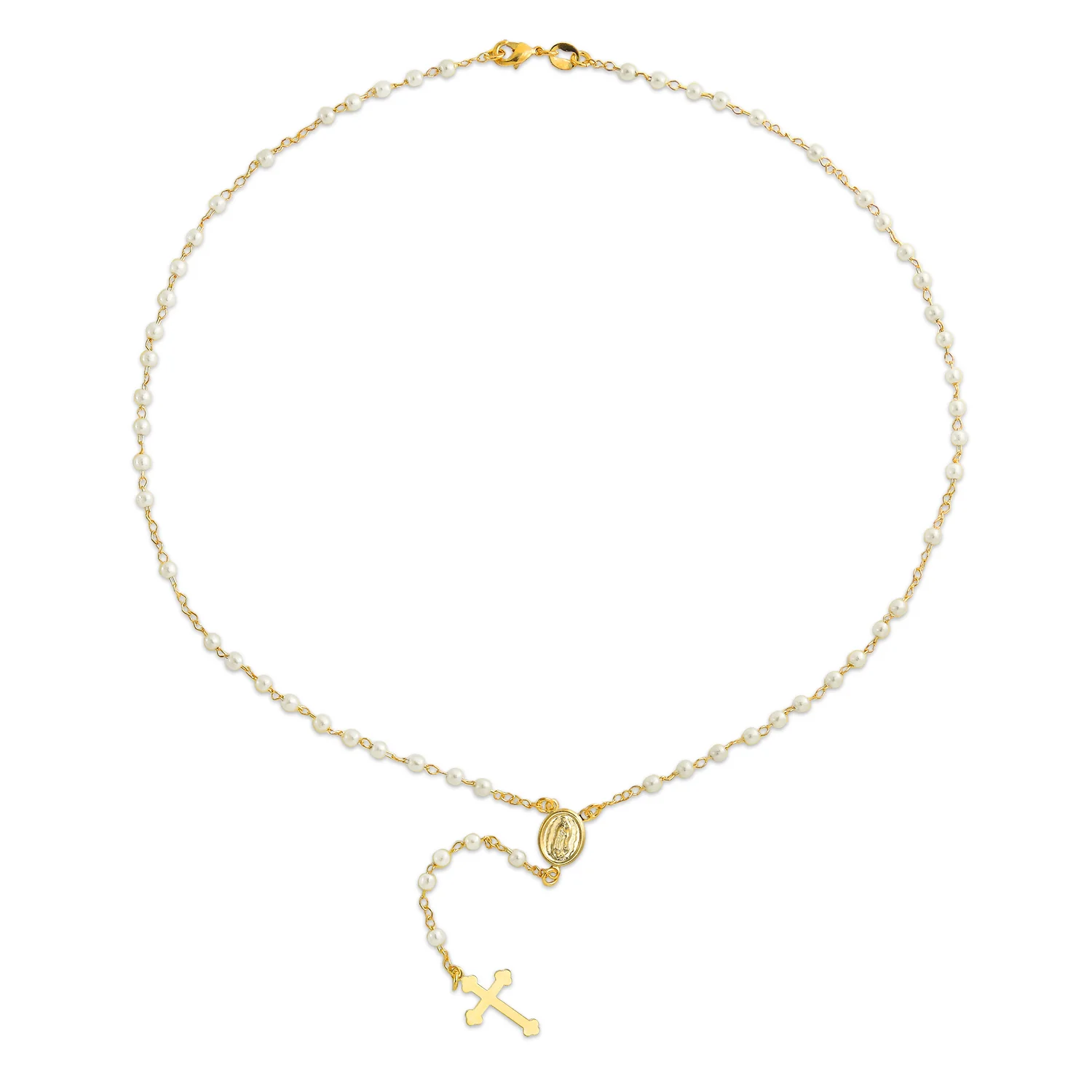 Guardian Angel Medallion Cross Simulated Pearl Rosary Beads Necklace Gold Plated - Image 4