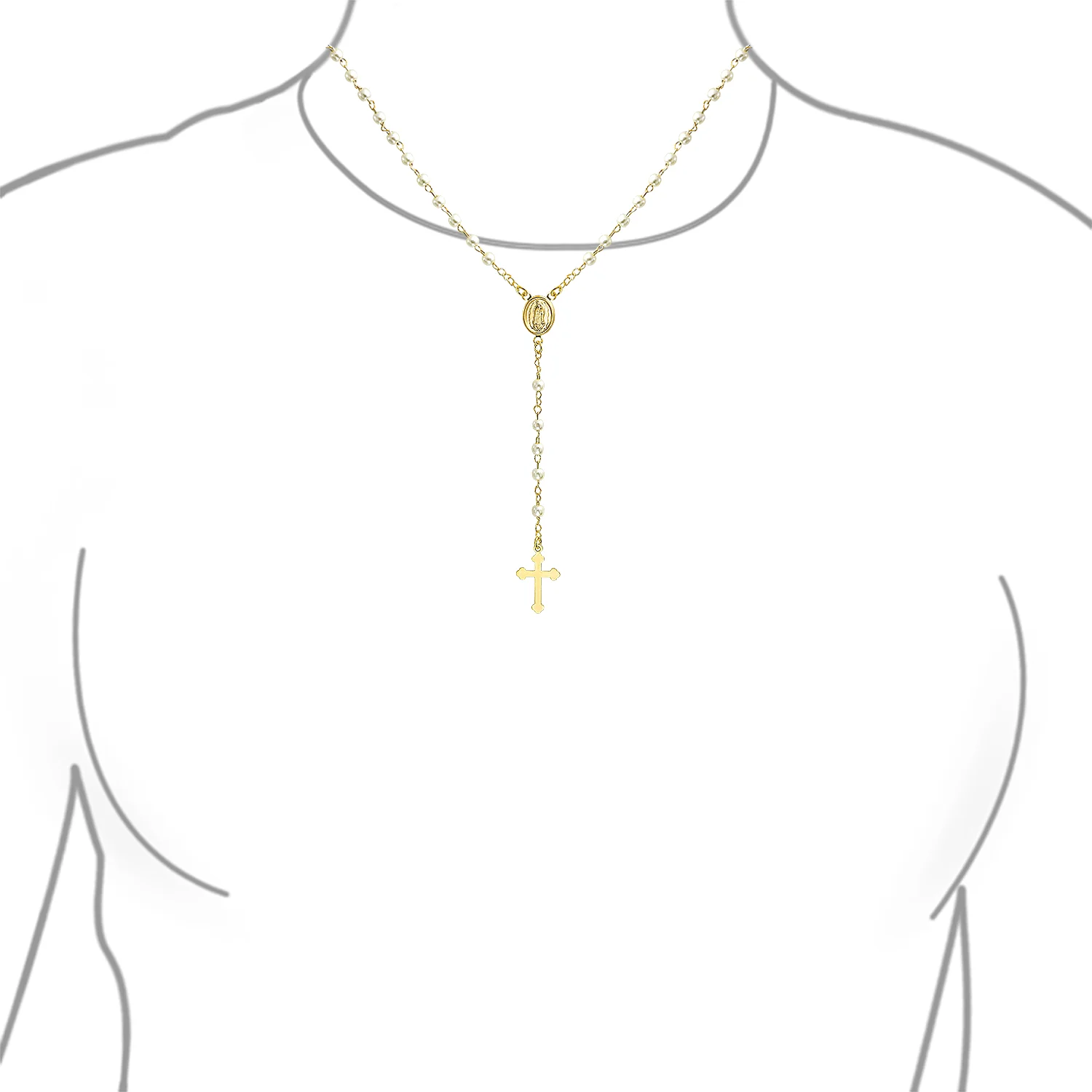 Guardian Angel Medallion Cross Simulated Pearl Rosary Beads Necklace Gold Plated - Image 6
