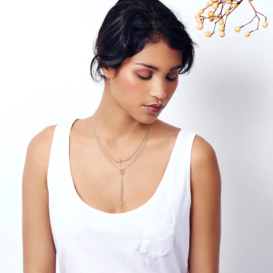 Guardian Angel Medallion Cross Simulated Pearl Rosary Beads Necklace Gold Plated - Image 9